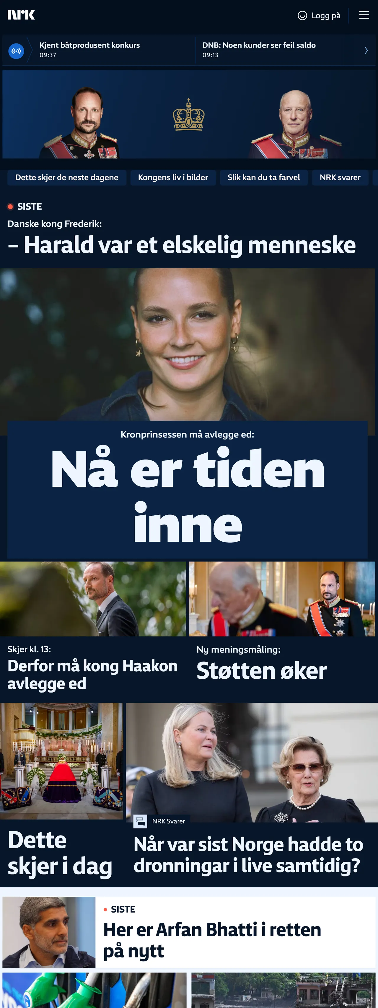Screenshot of the NRK front page