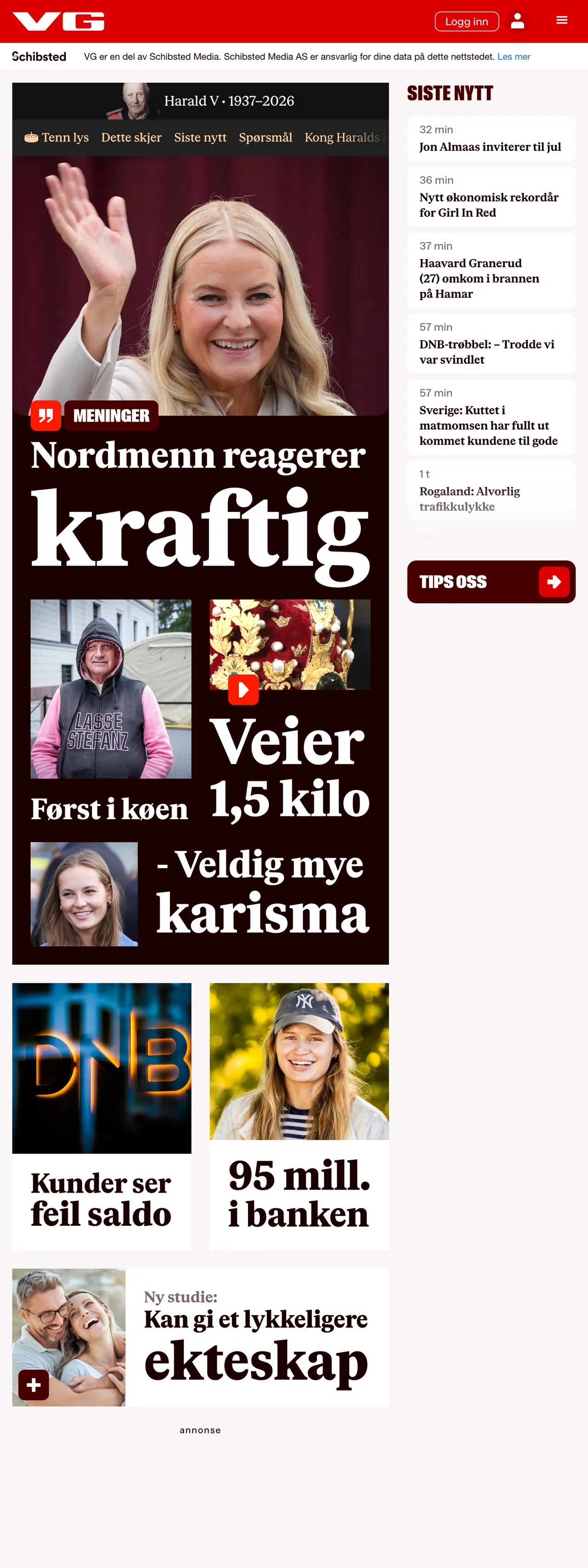 Screenshot of the VG front page