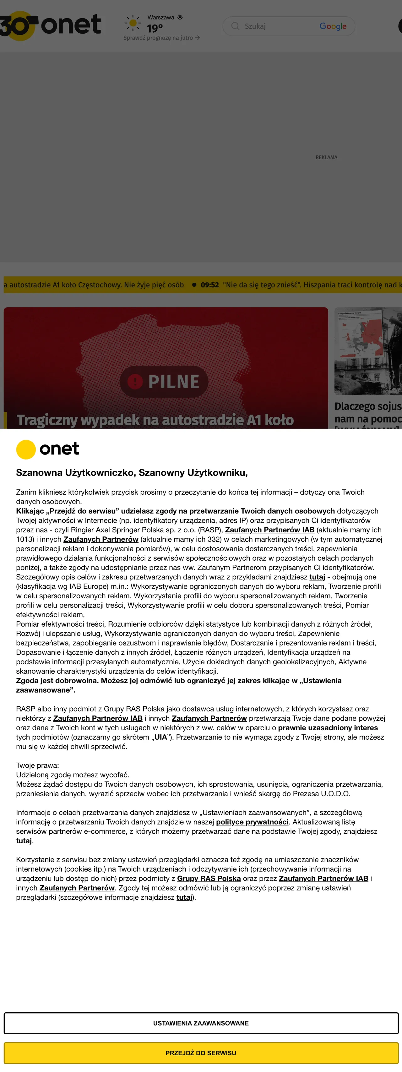 Screenshot of the Onet front page