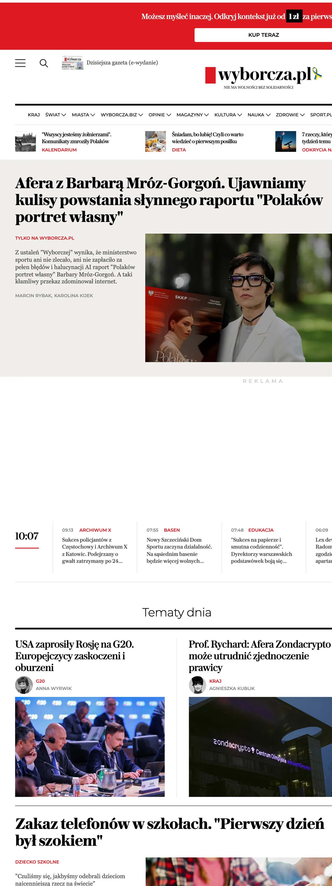 Screenshot of the Wyborcza front page