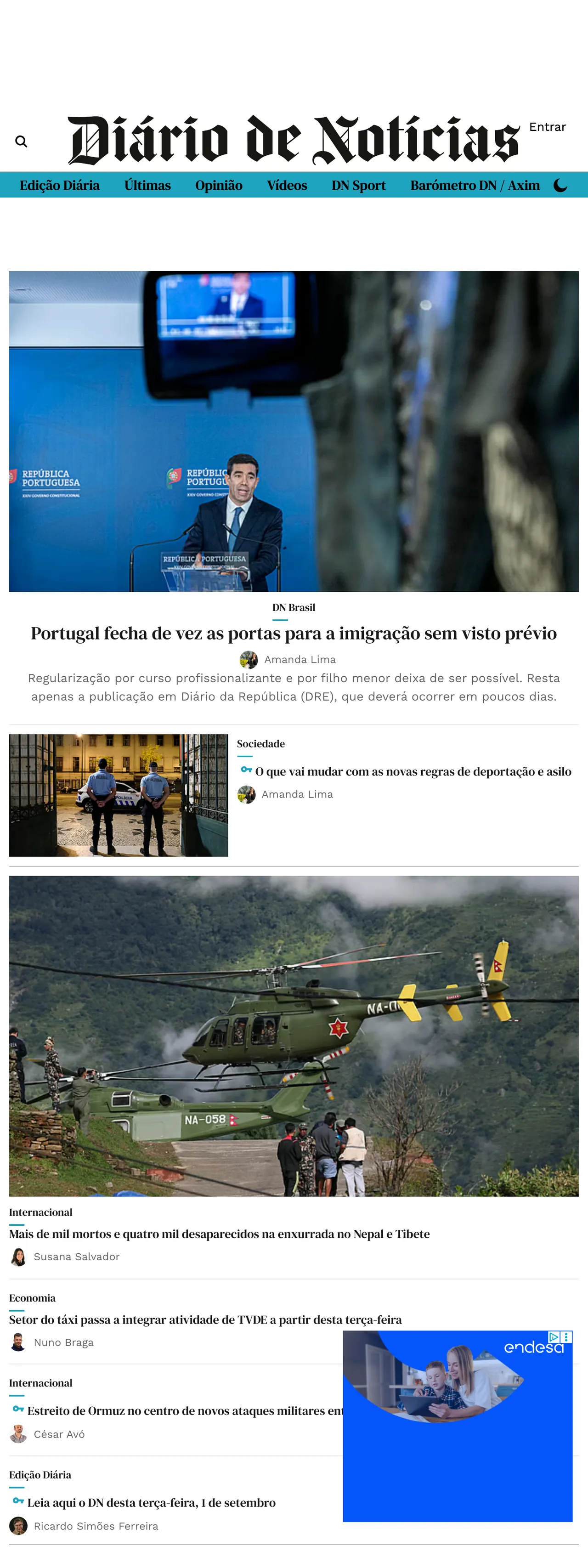 Screenshot of the Diário de Notícias front page