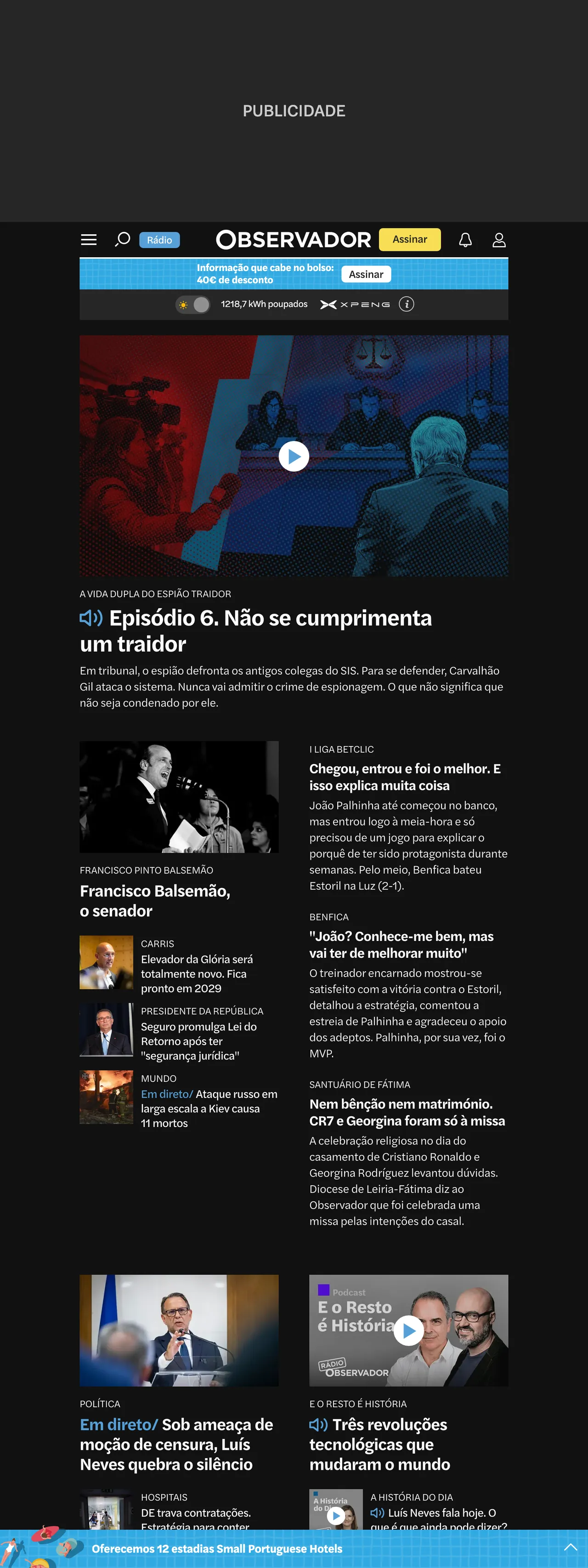 Screenshot of the Observador front page