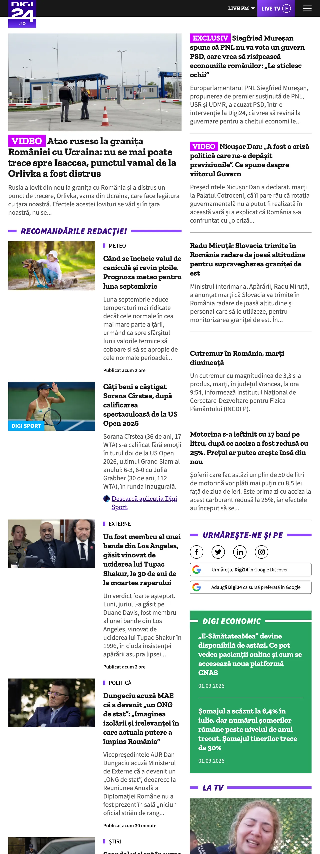Screenshot of the Digi24 front page