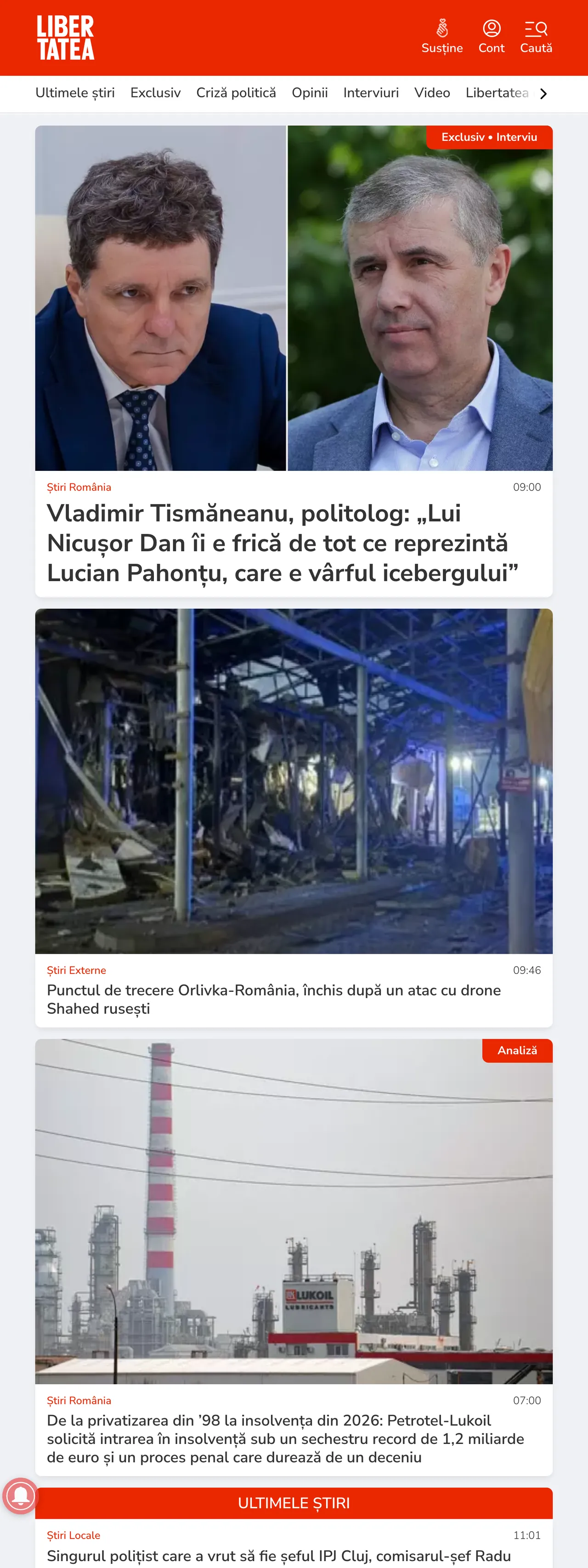 Screenshot of the Libertatea front page
