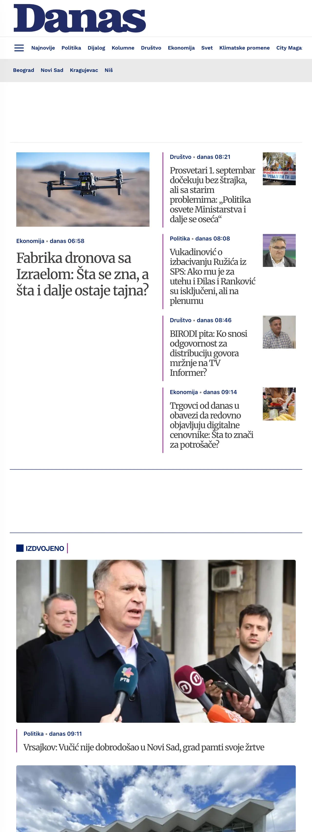 Screenshot of the Danas front page