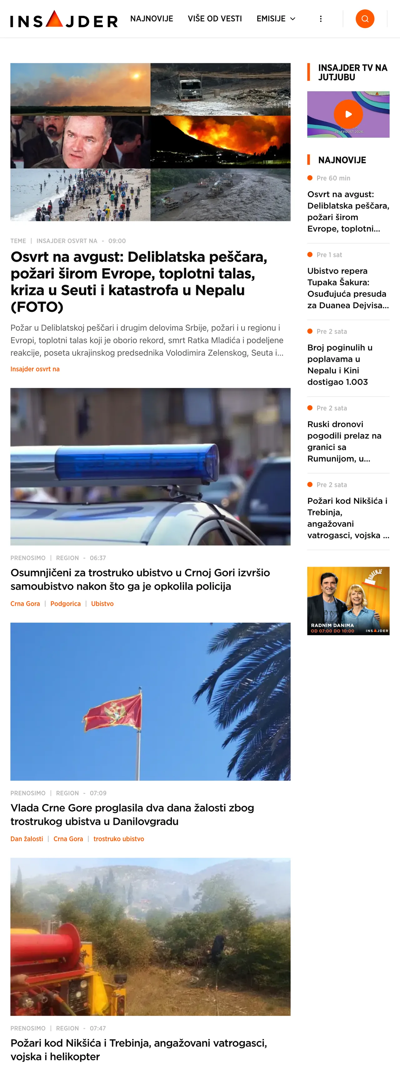 Screenshot of the Insajder front page