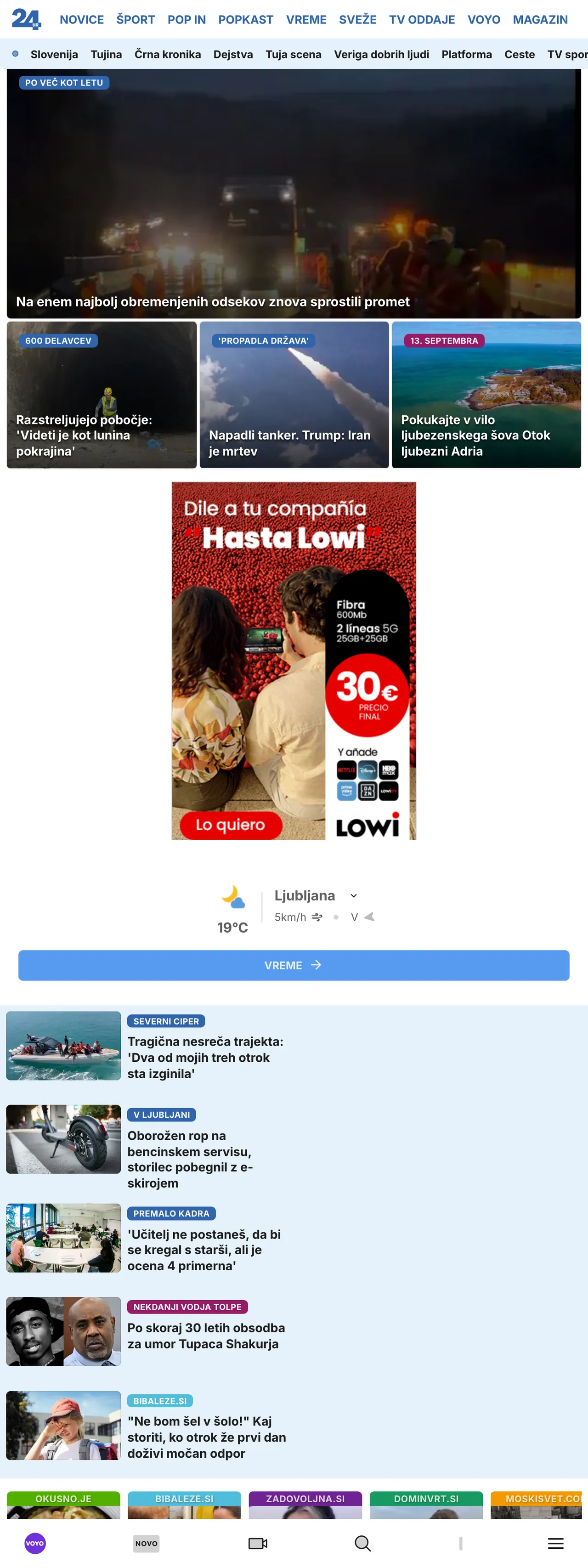 Screenshot of the 24ur front page