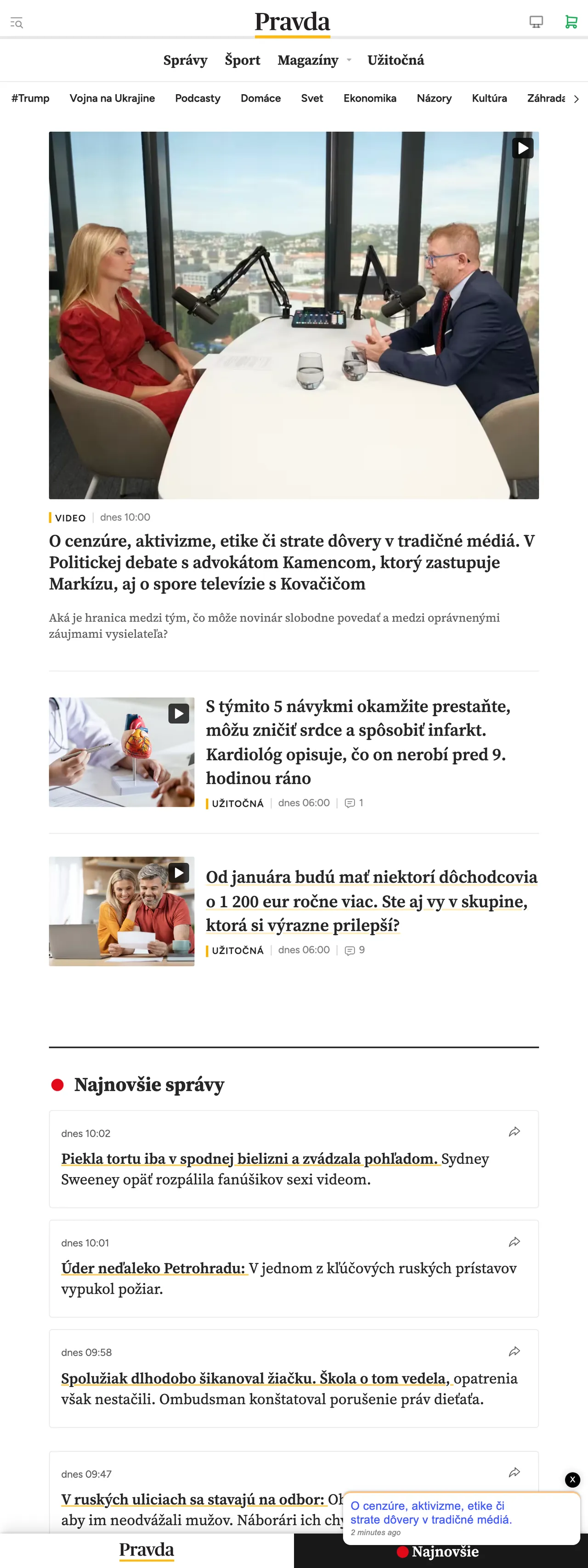 Screenshot of the Pravda front page