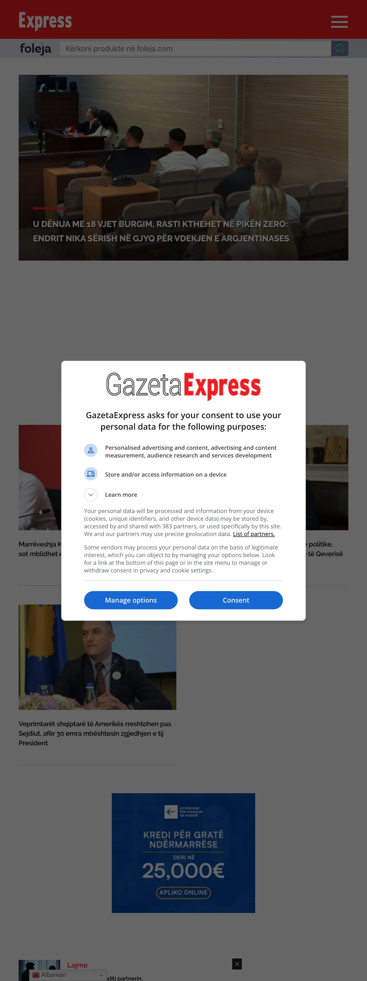 Screenshot of the Gazeta Express front page