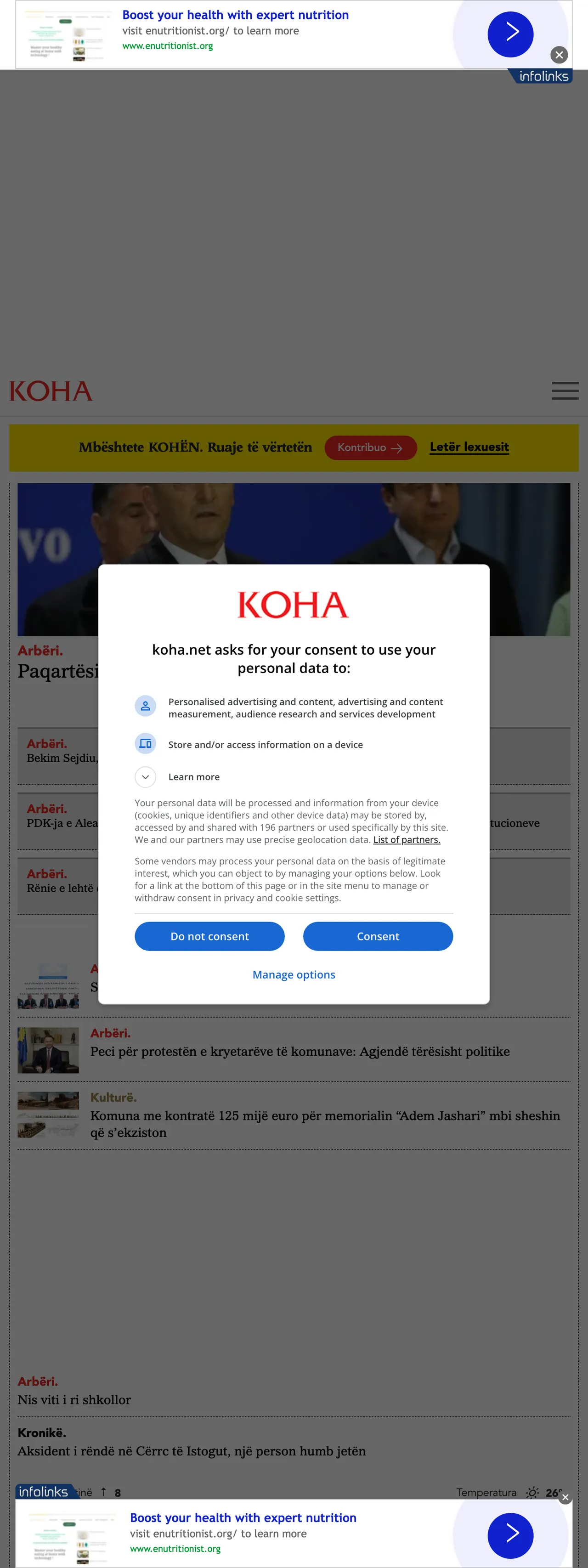 Screenshot of the Koha Ditore front page