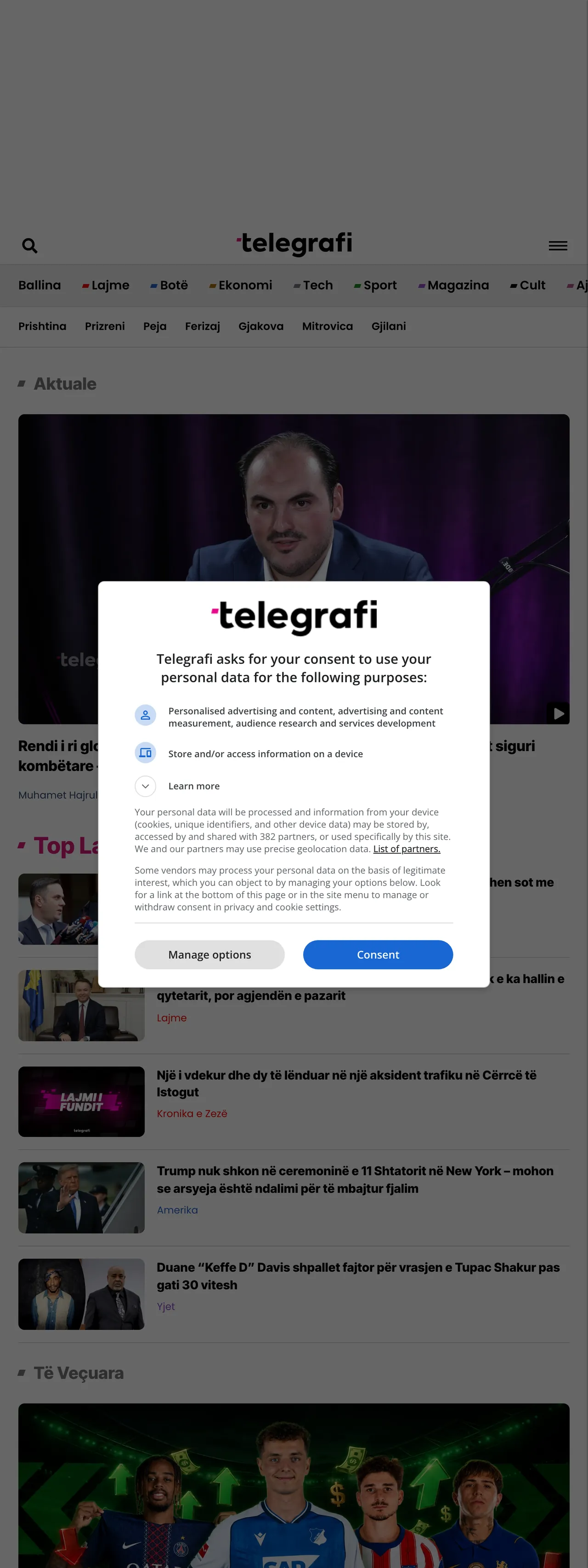 Screenshot of the Telegrafi front page