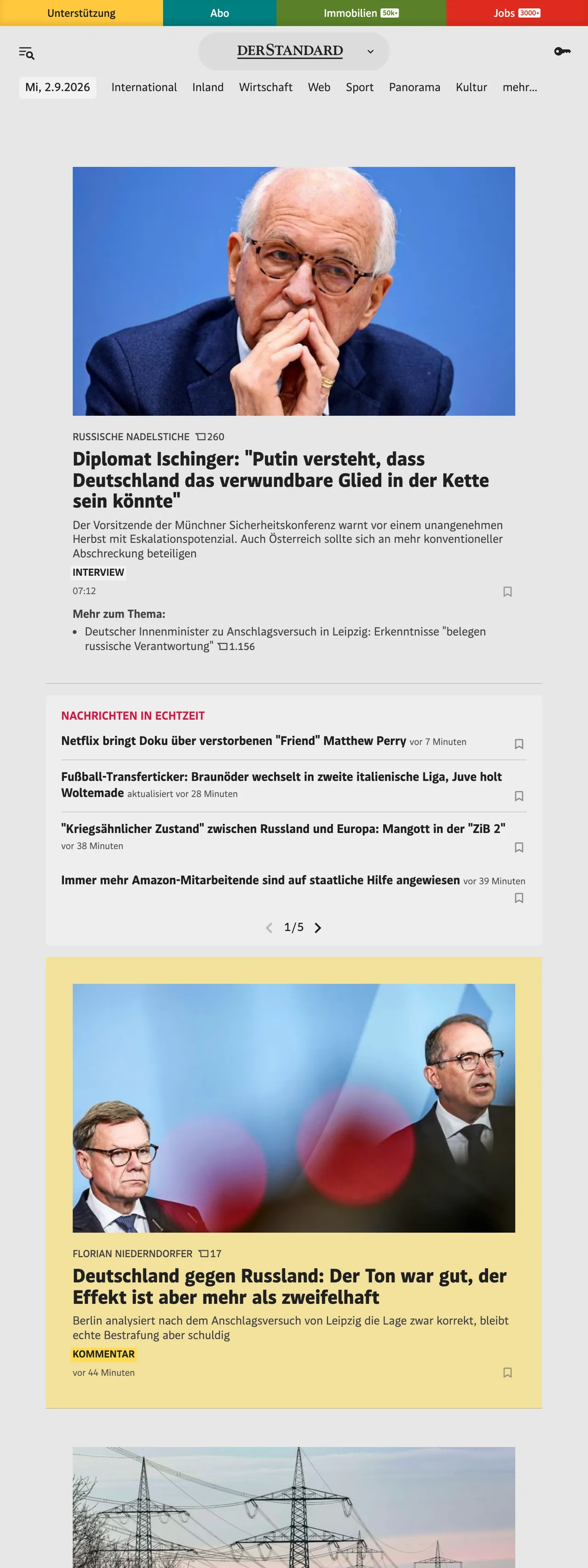Screenshot of the DER STANDARD front page