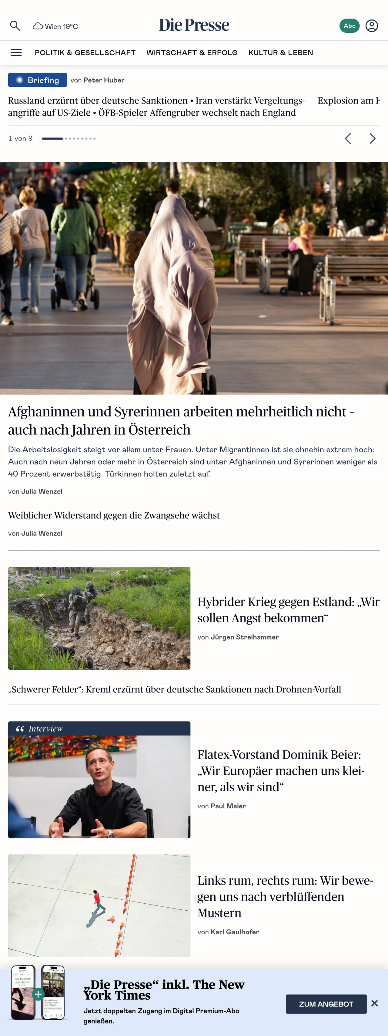 Screenshot of the Die Presse front page