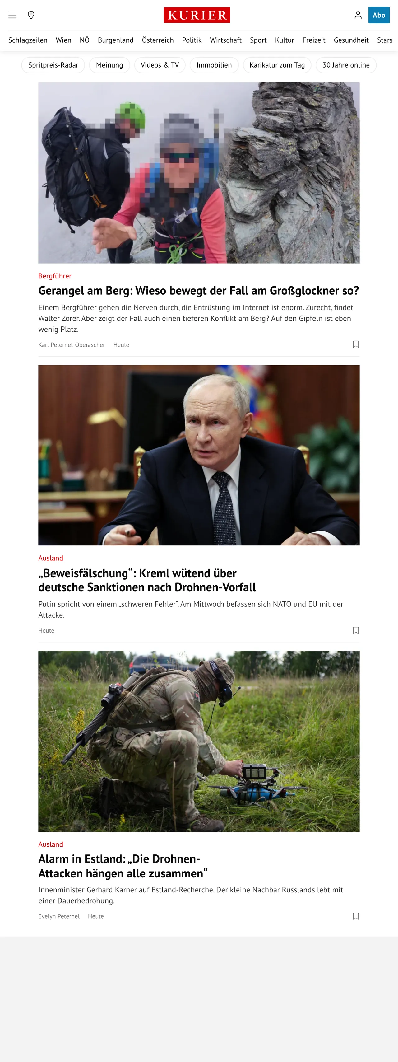 Screenshot of the Kurier front page