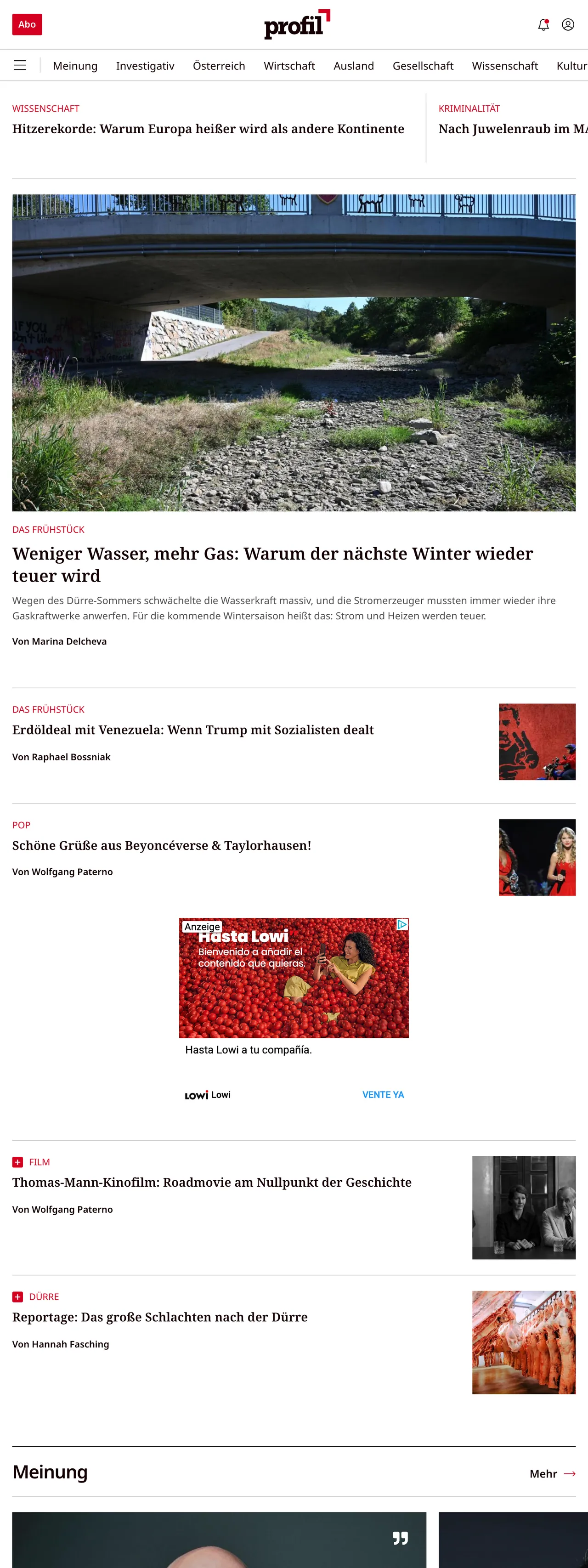 Screenshot of the profil front page