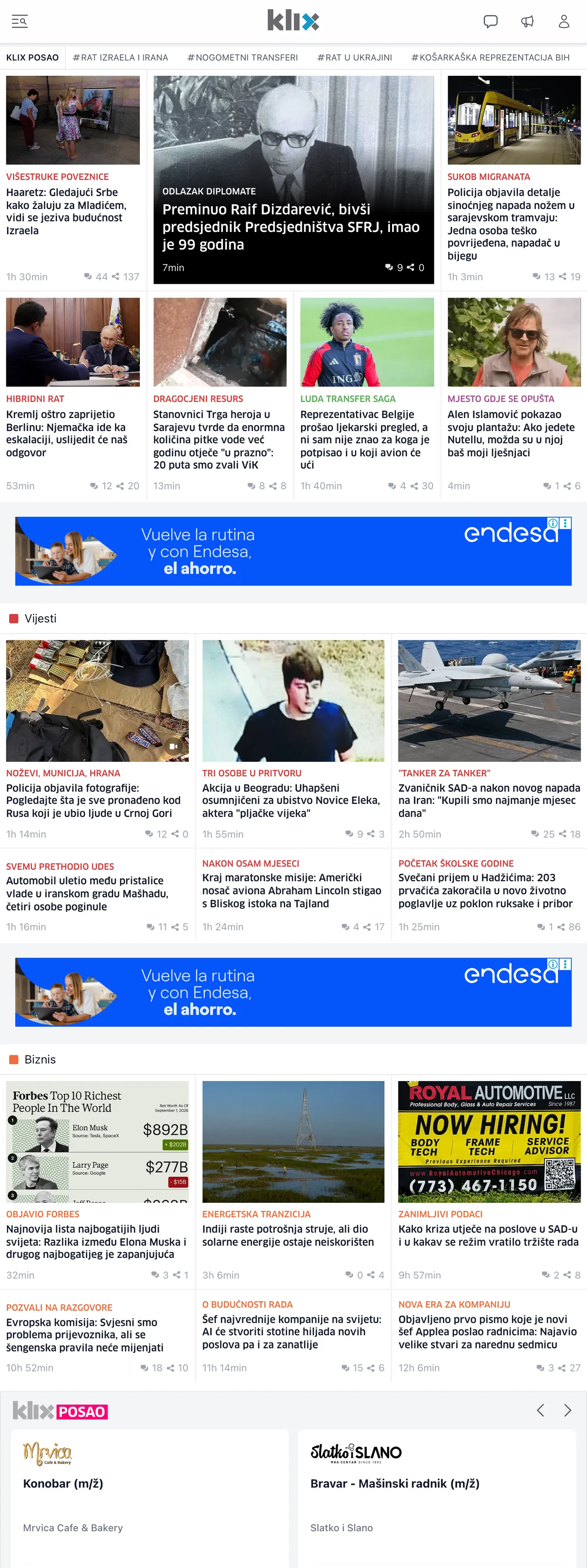 Screenshot of the Klix.ba front page