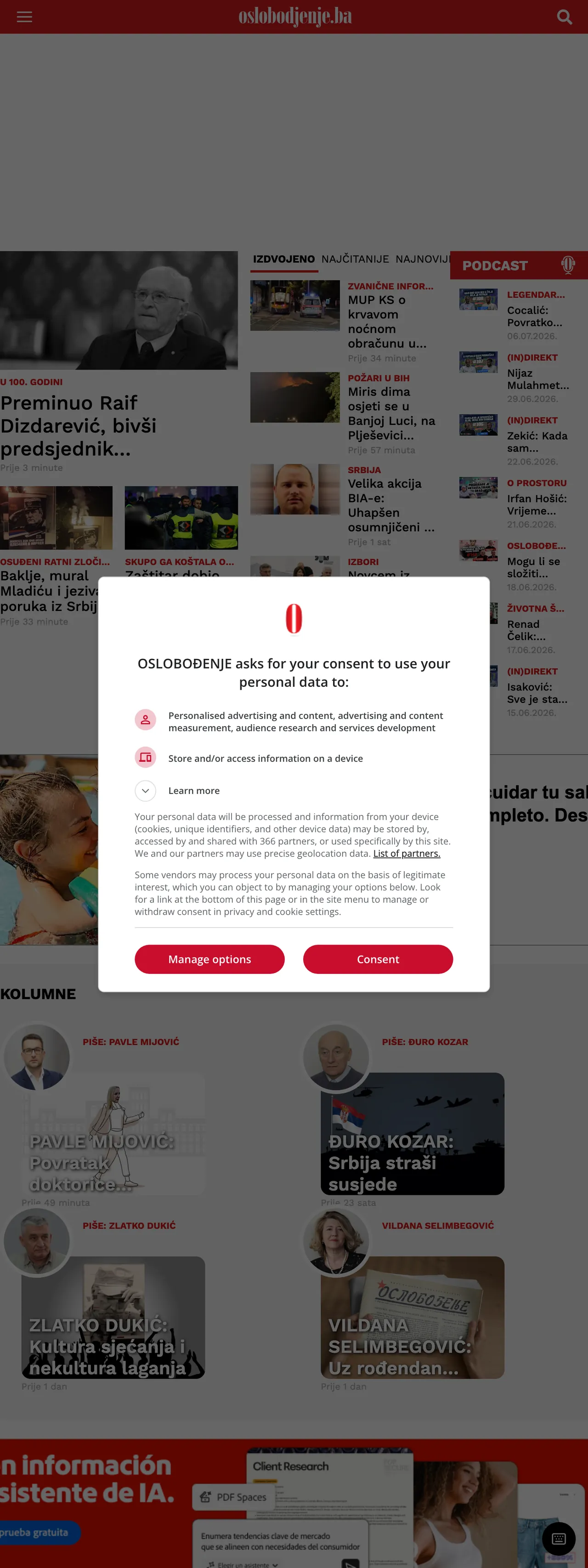Screenshot of the Oslobođenje front page