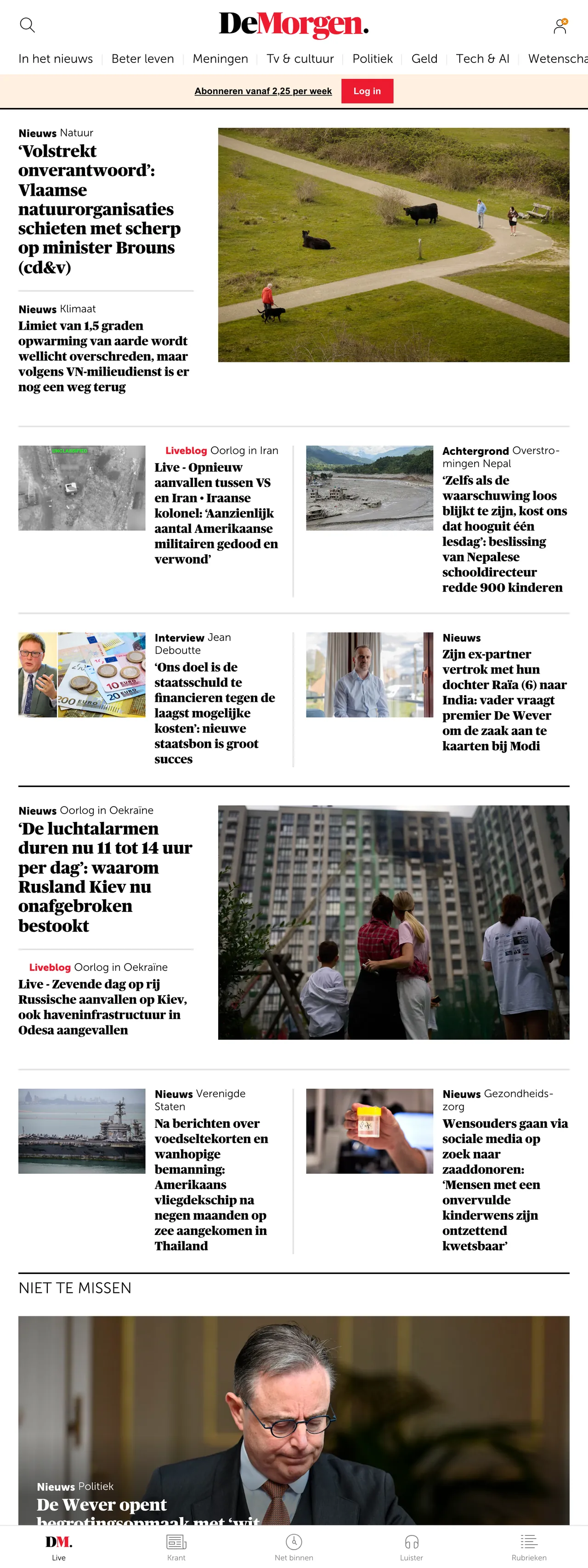 Screenshot of the De Morgen front page
