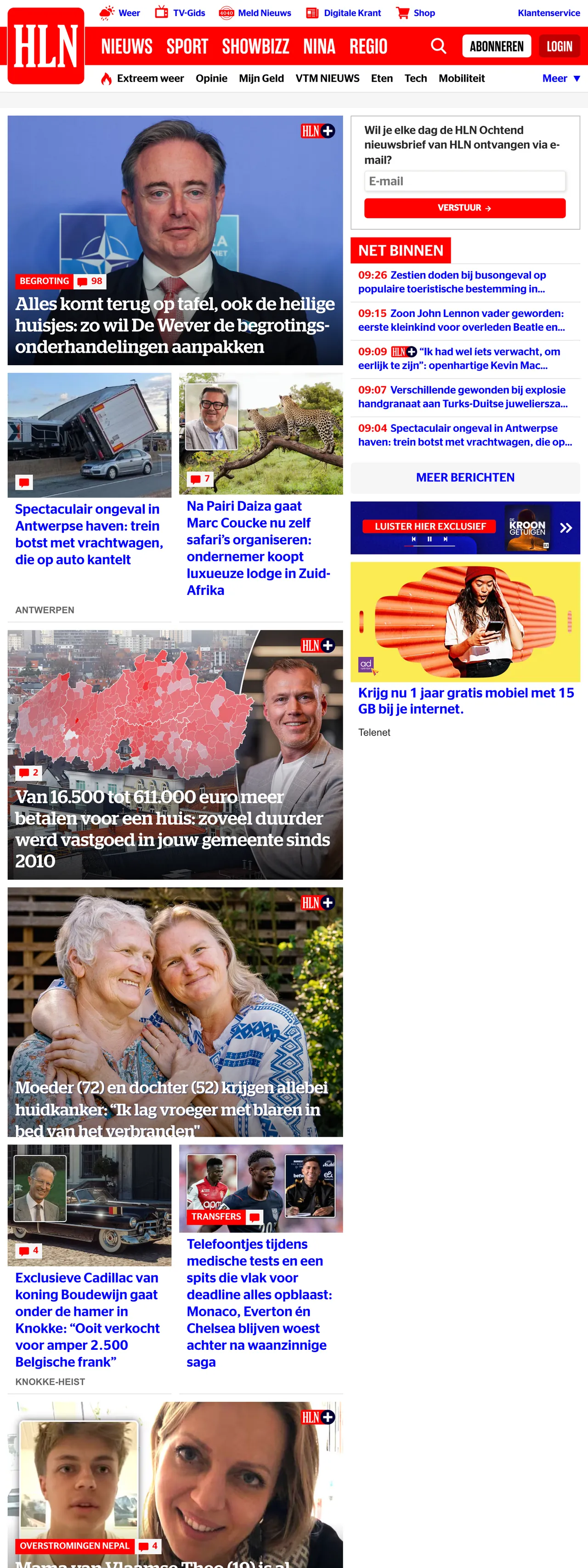 Screenshot of the HLN front page