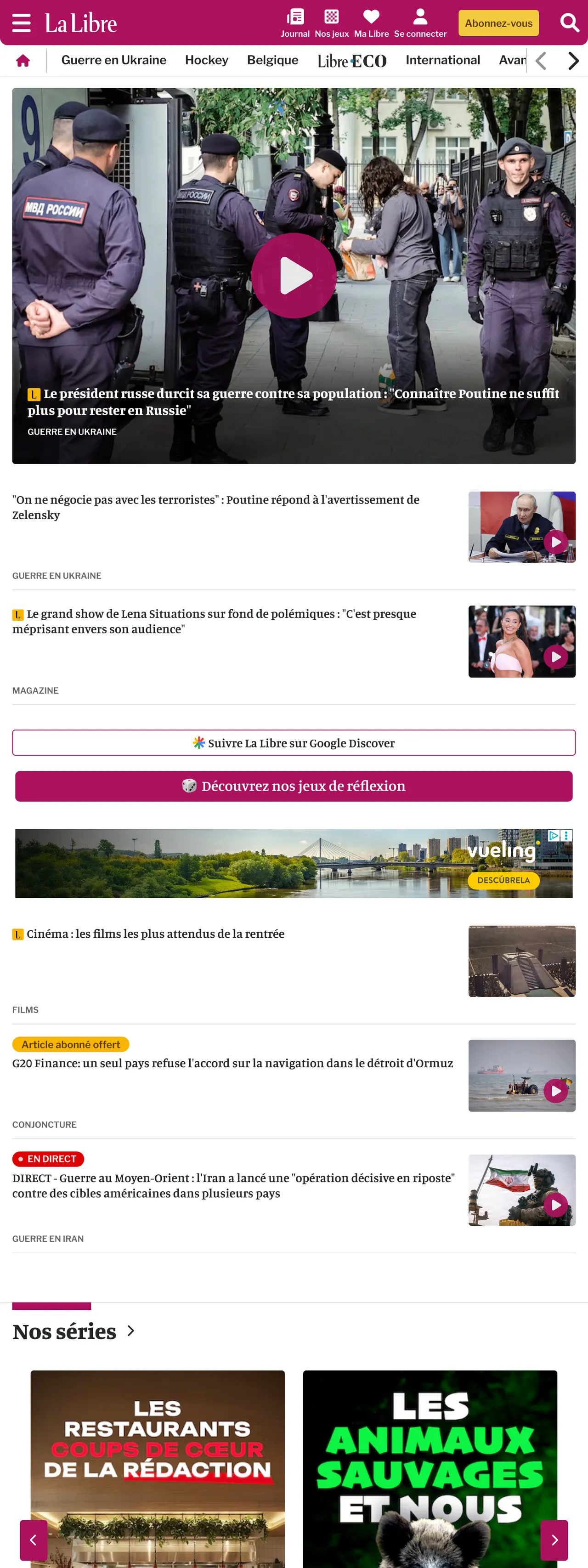Screenshot of the La Libre front page