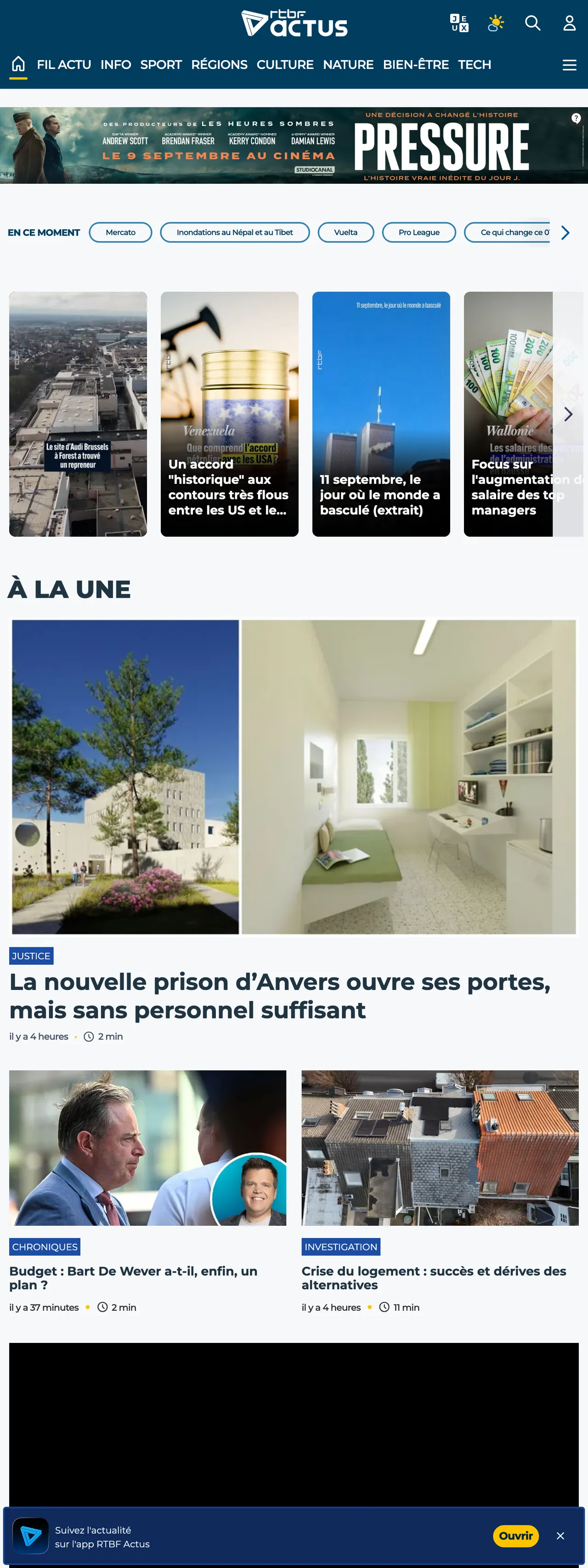 Screenshot of the RTBF front page