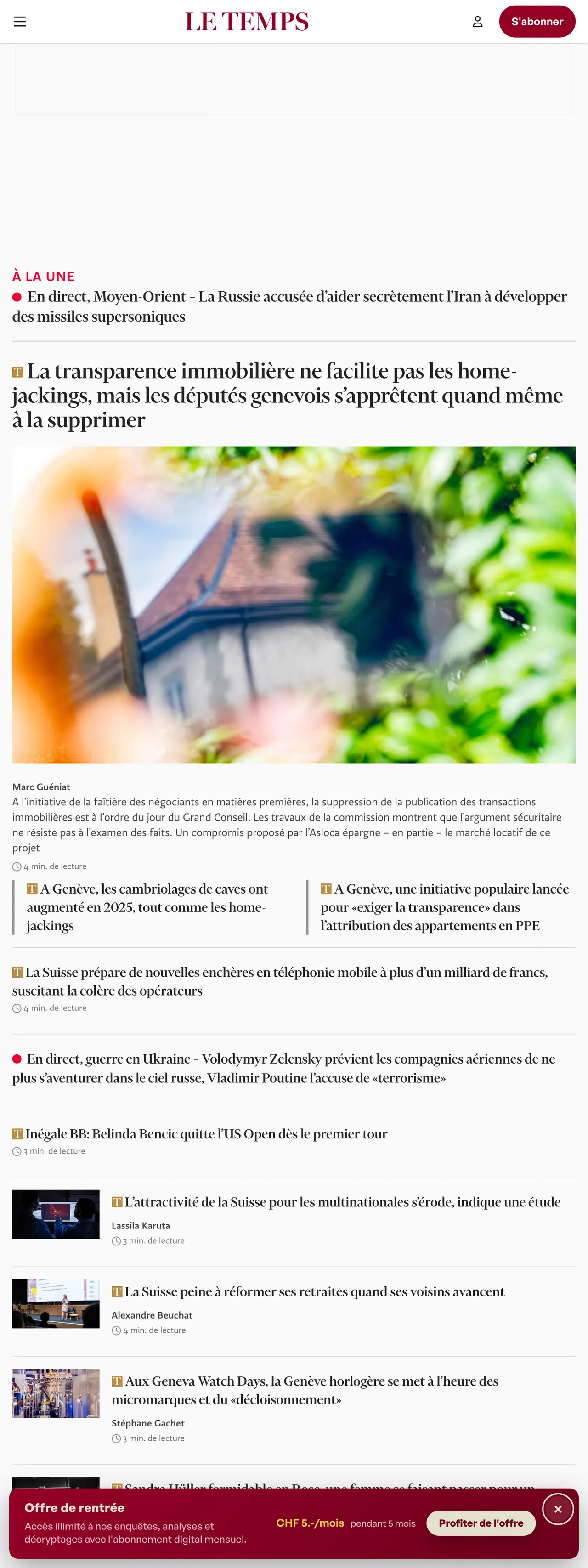 Screenshot of the Le Temps front page