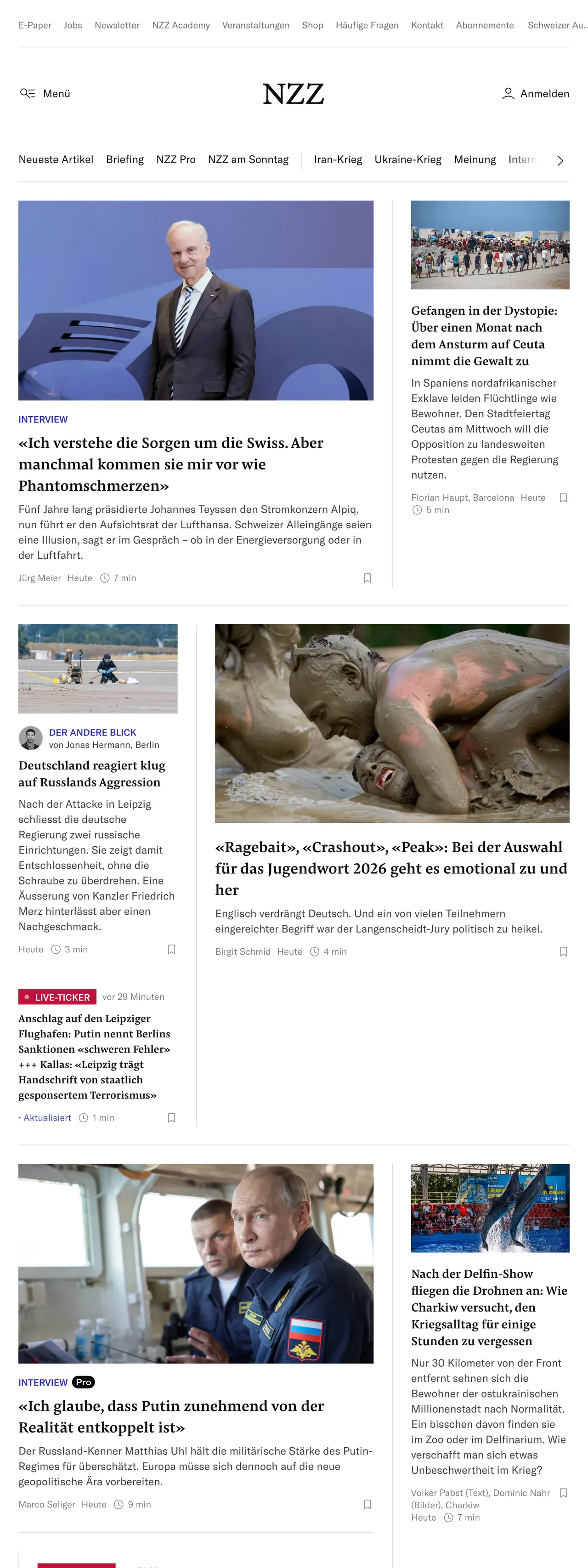 Screenshot of the Neue Zürcher Zeitung front page