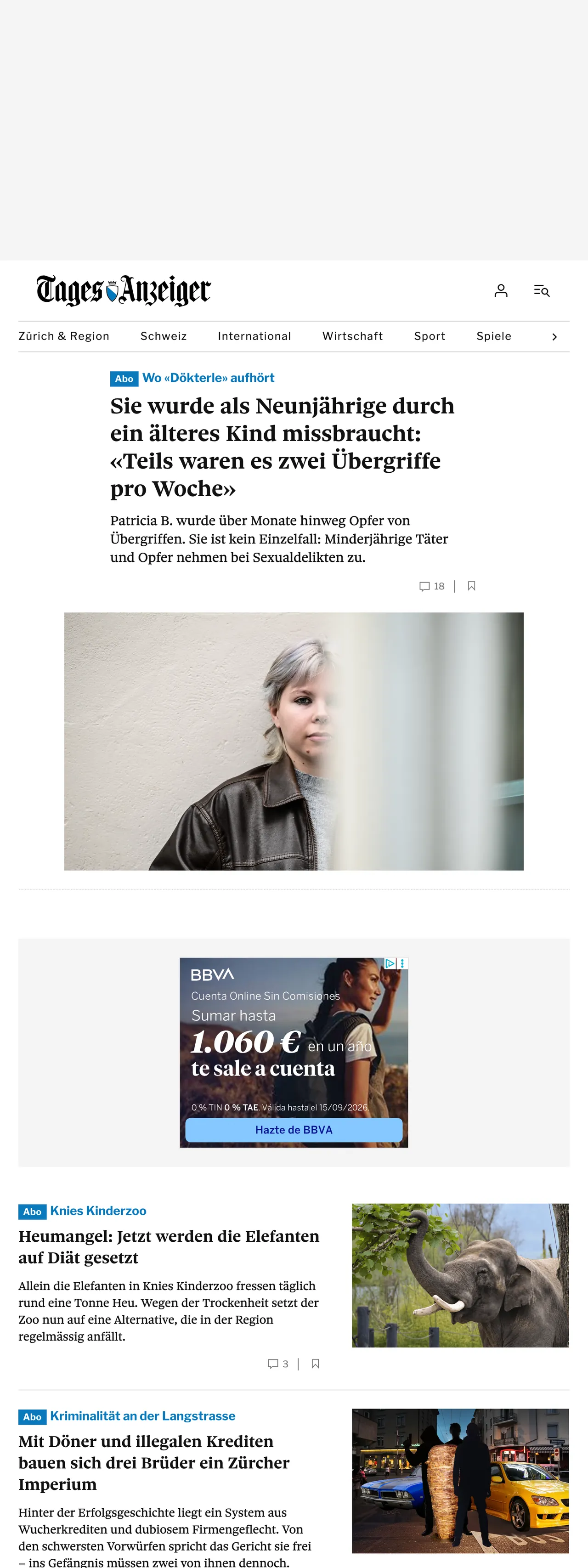 Screenshot of the Tages-Anzeiger front page