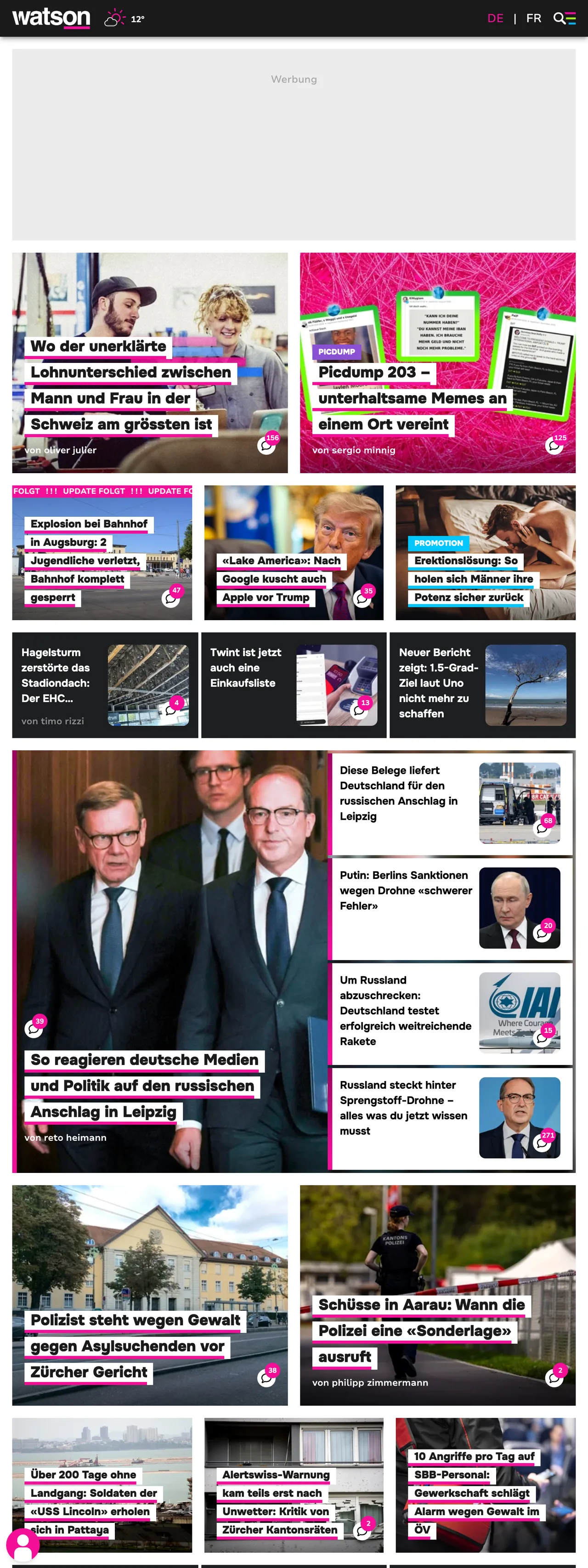 Screenshot of the watson front page