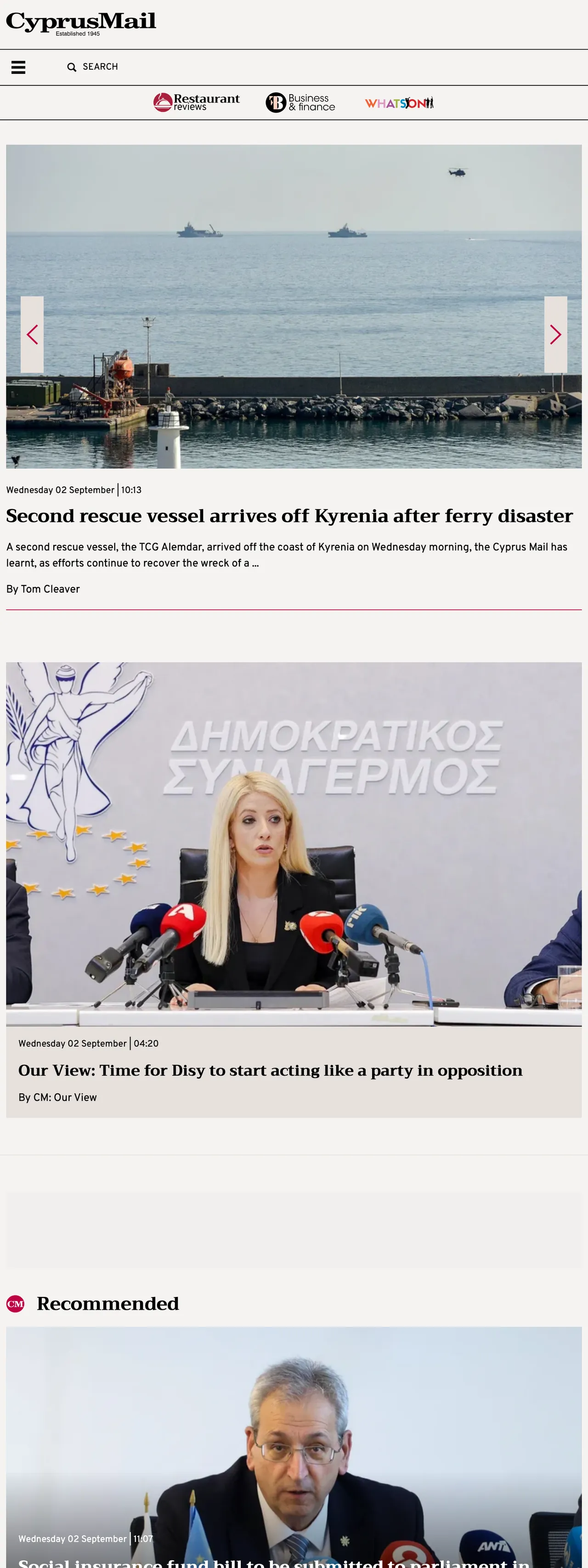 Screenshot of the Cyprus Mail front page