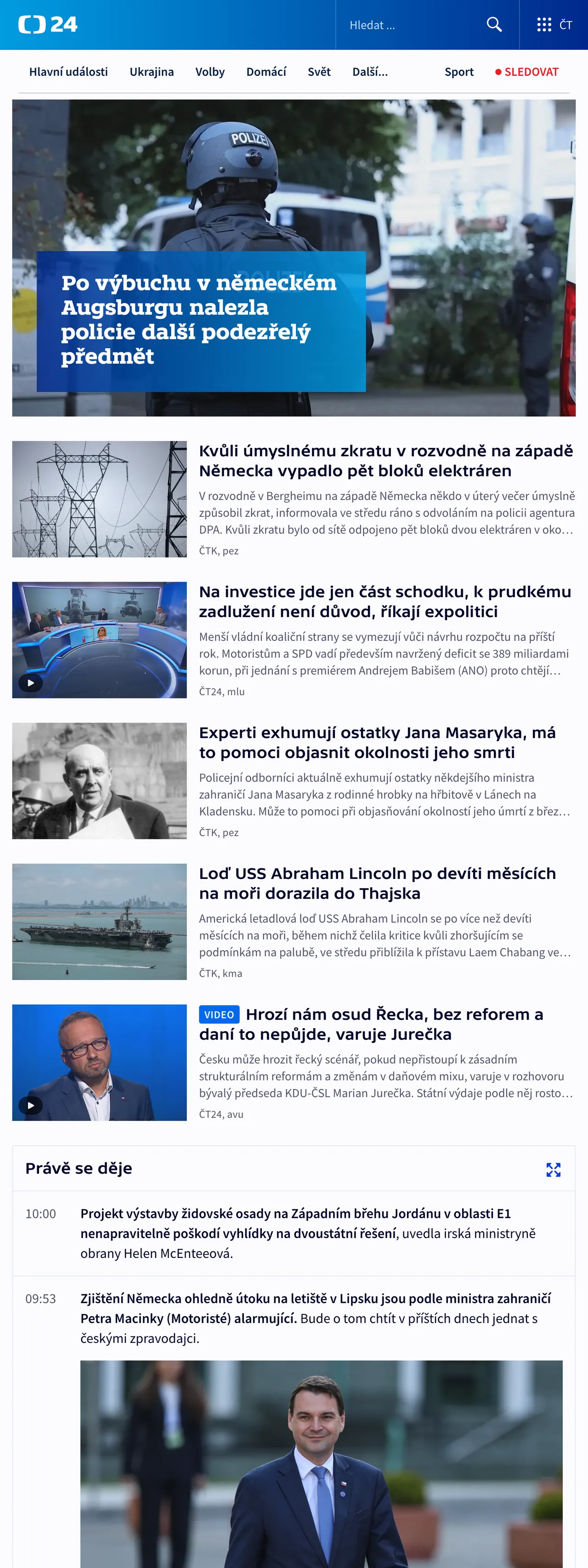 Screenshot of the ČT24 front page
