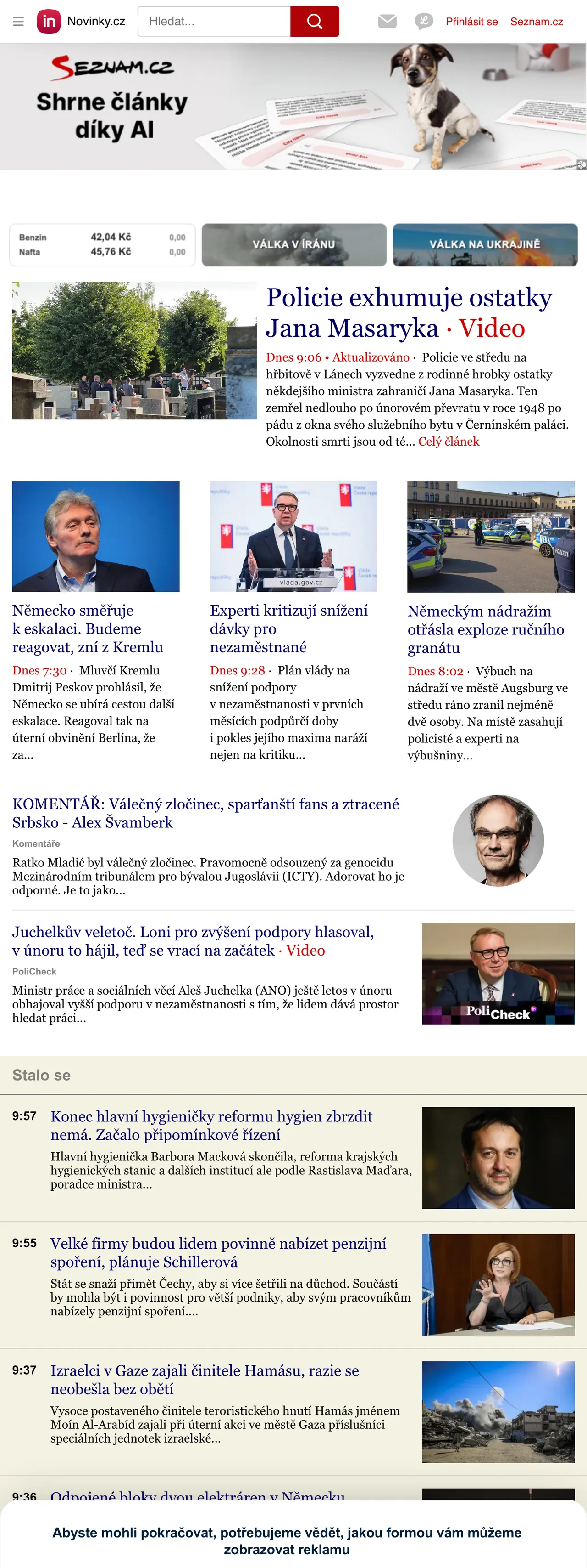 Screenshot of the Novinky.cz front page