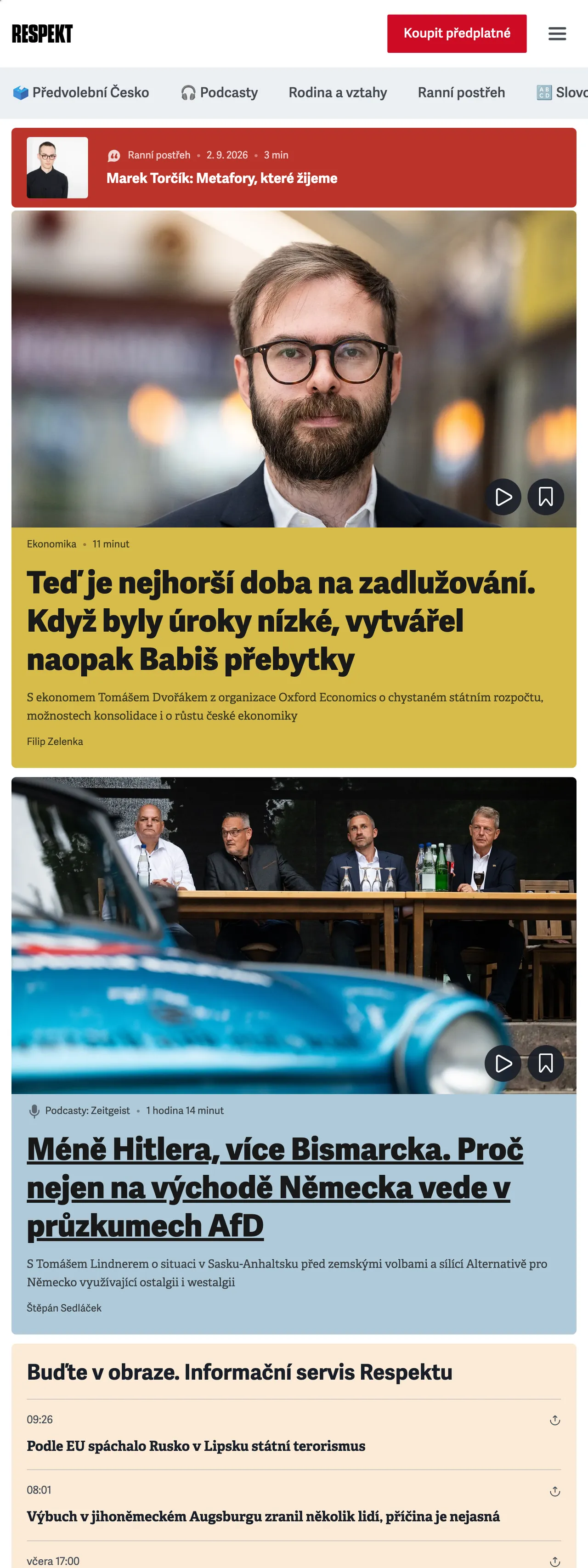Screenshot of the Respekt front page
