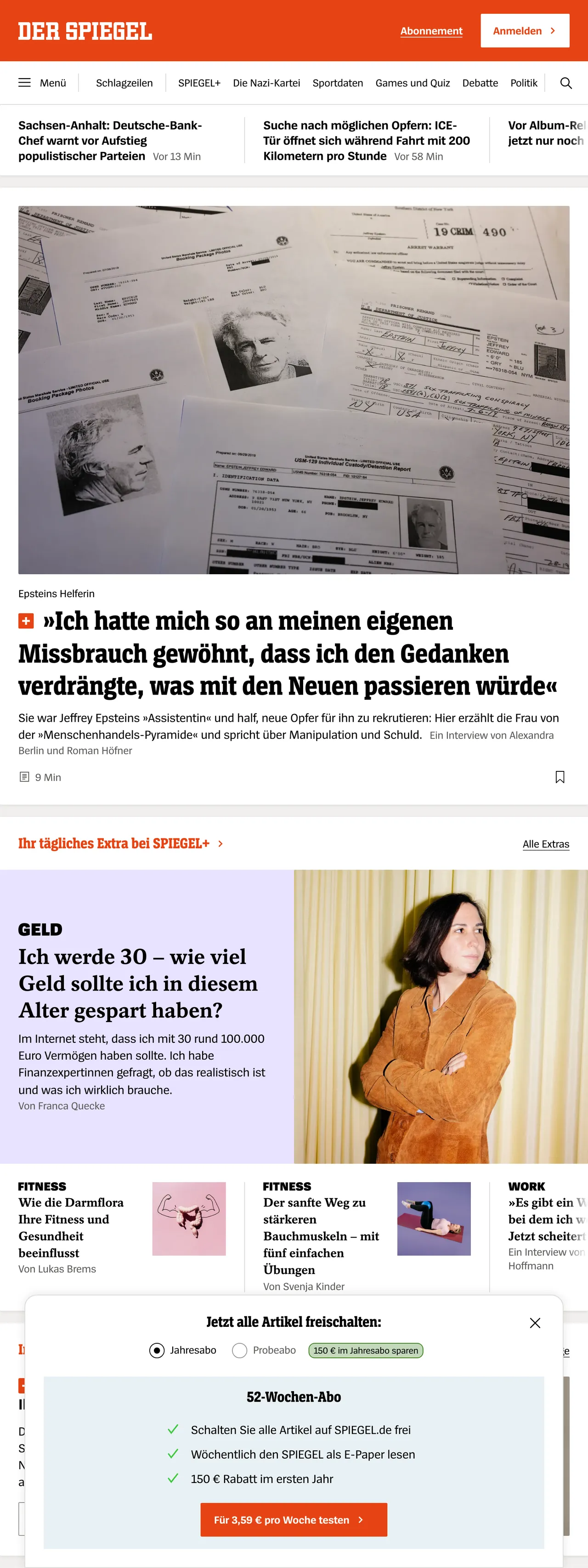 Screenshot of the DER SPIEGEL front page