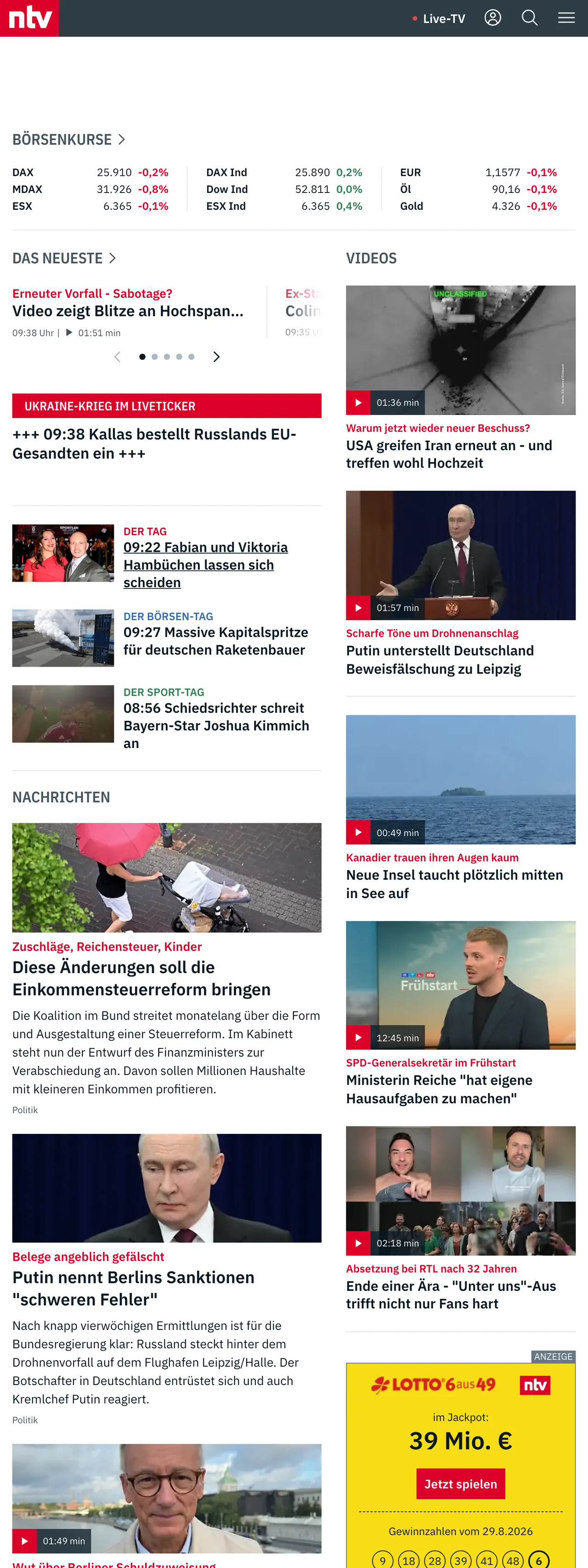 Screenshot of the n-tv front page