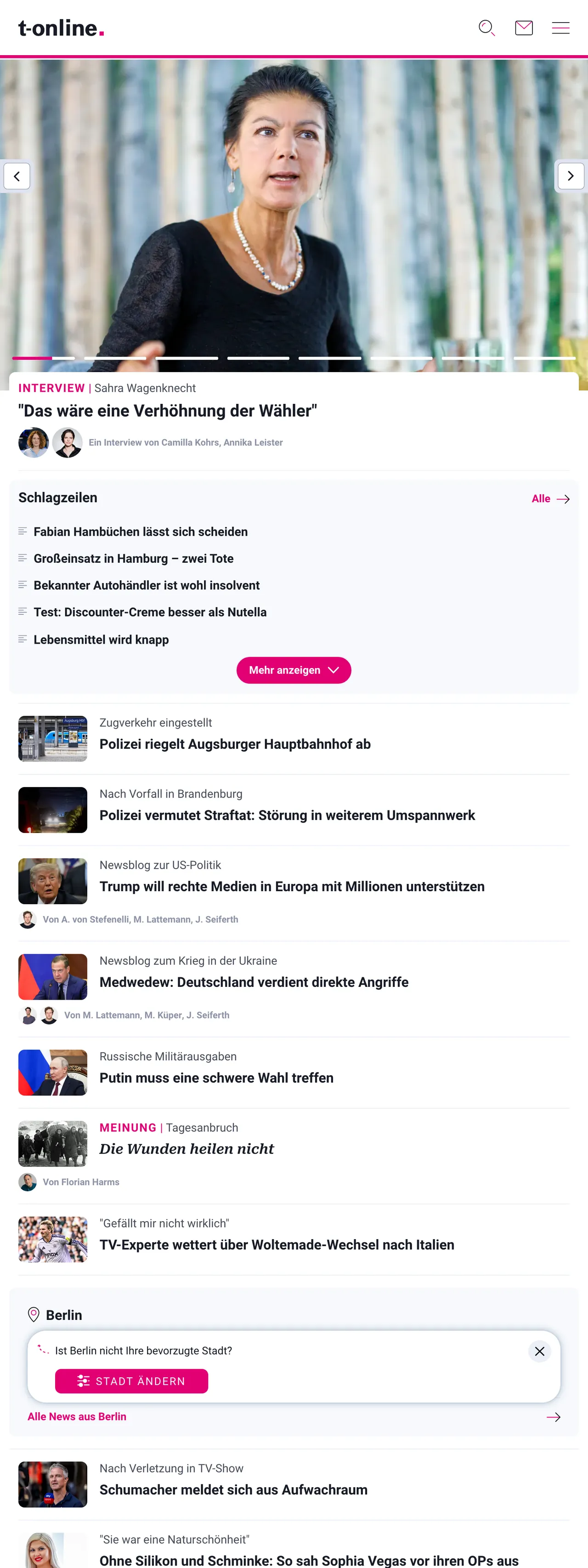 Screenshot of the t-online front page