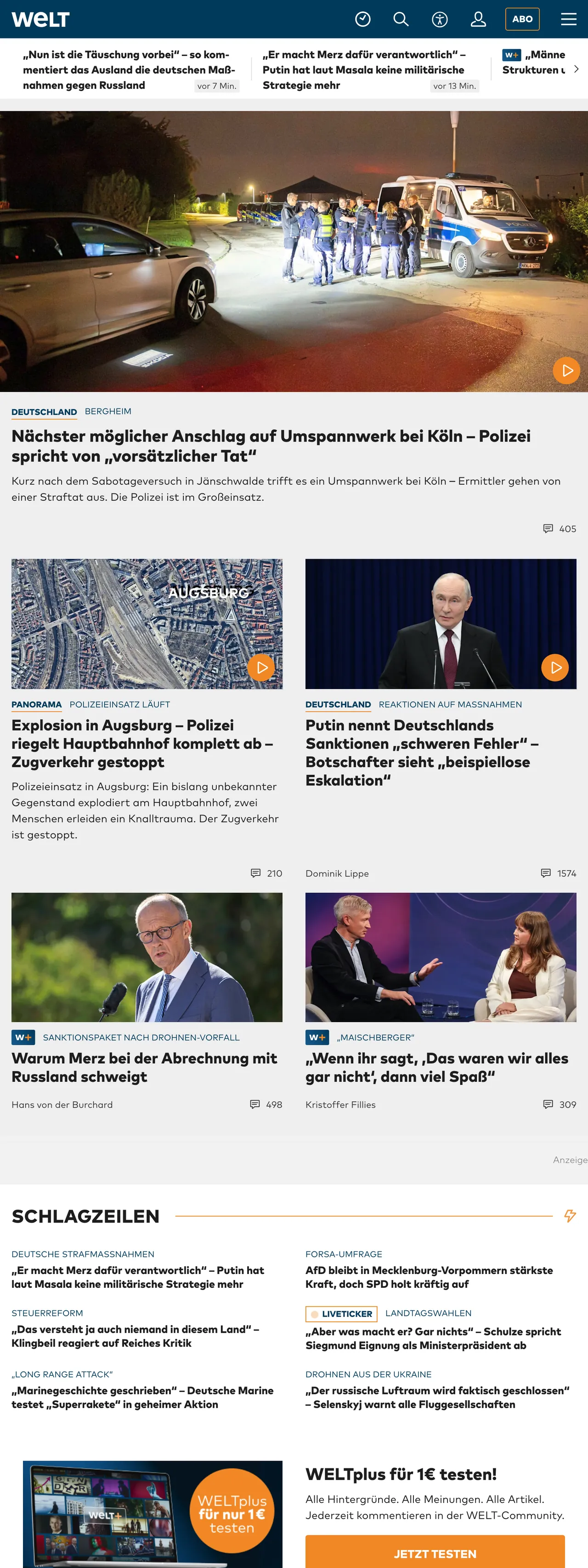 Screenshot of the WELT front page