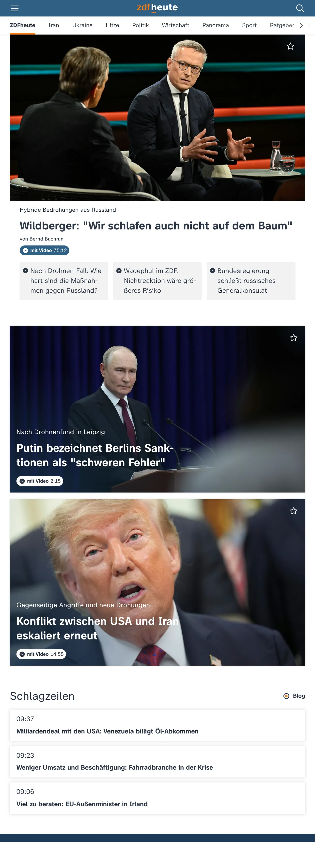 Screenshot of the ZDFheute front page