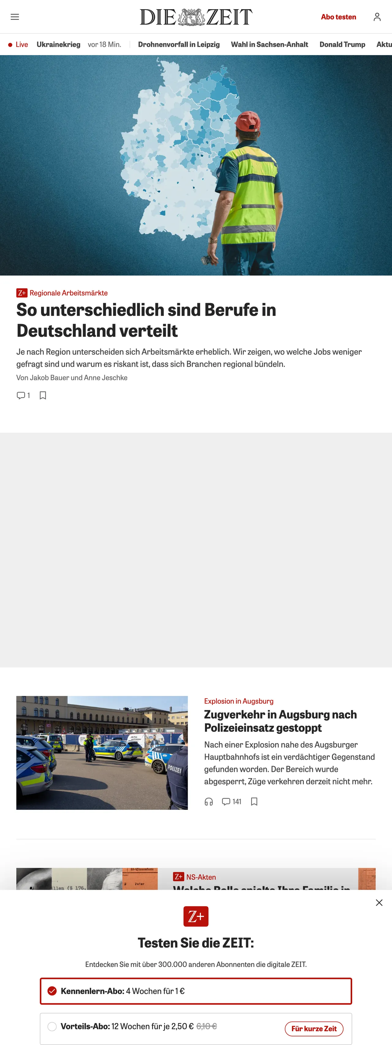 Screenshot of the ZEIT ONLINE front page