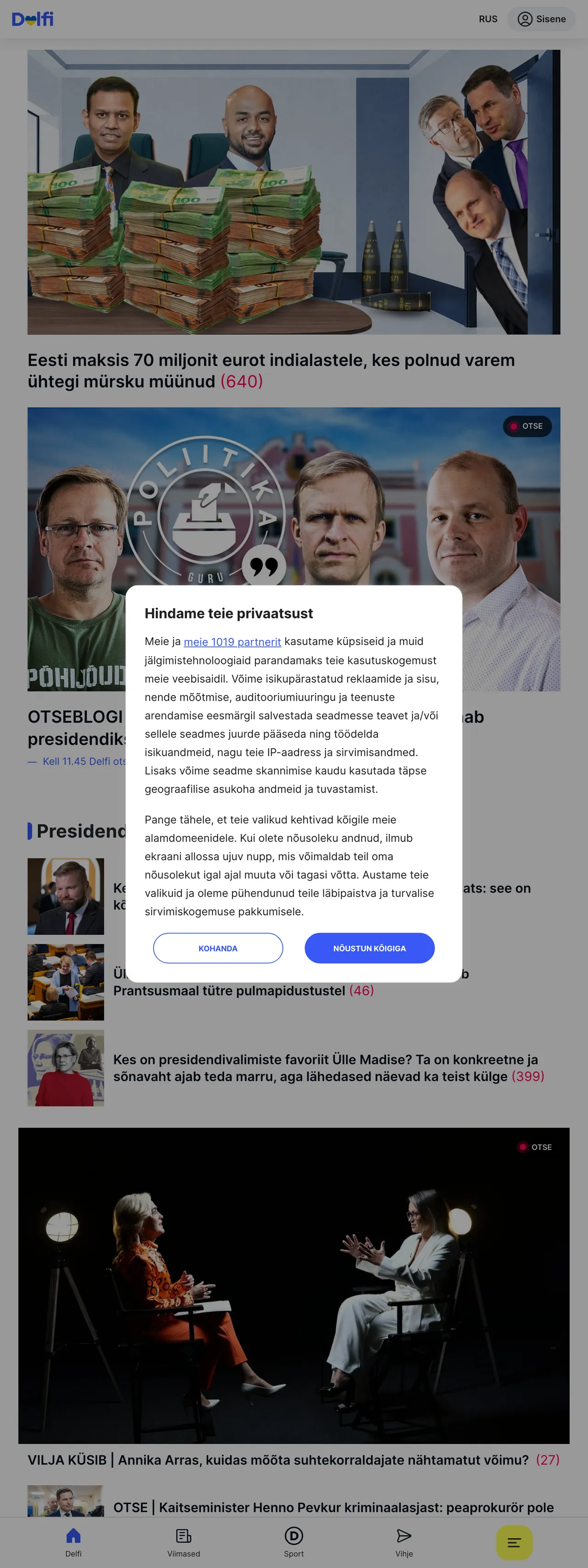 Screenshot of the Delfi front page