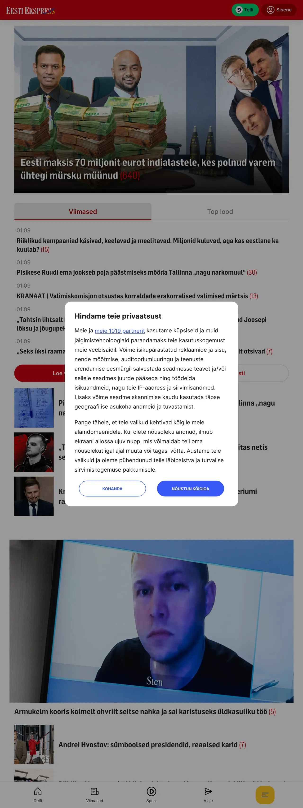 Screenshot of the Eesti Ekspress front page
