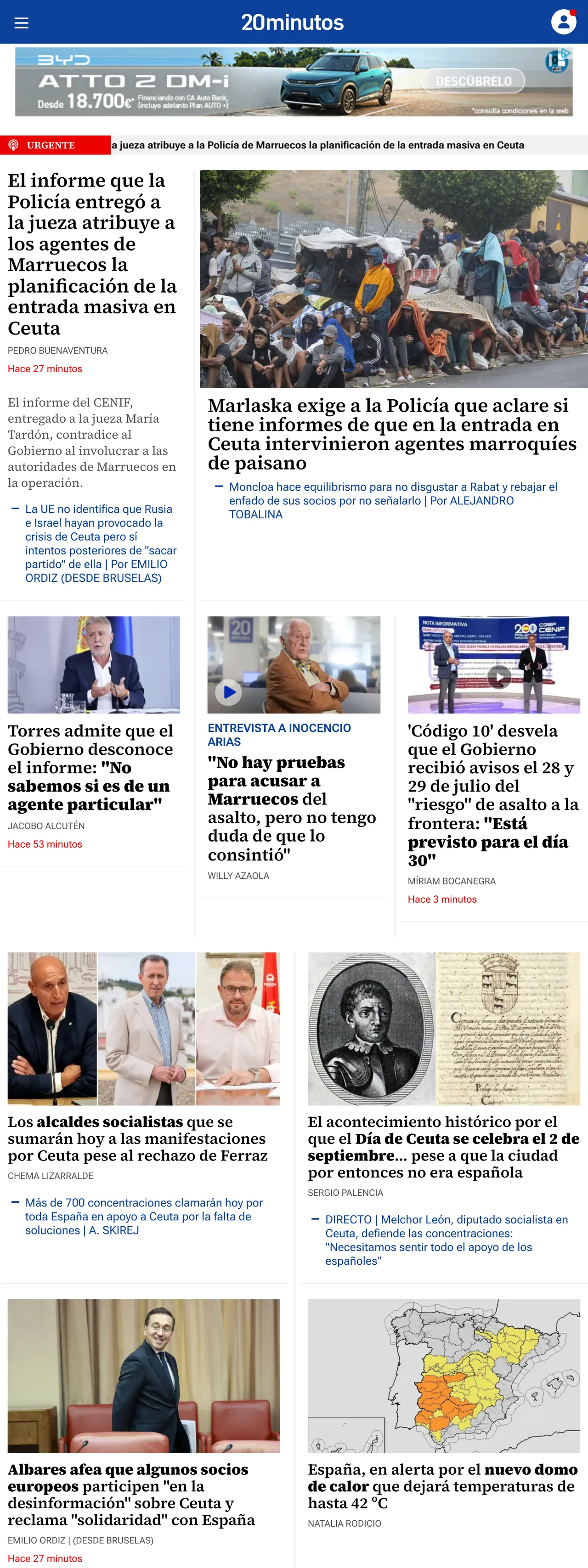 Screenshot of the 20minutos front page