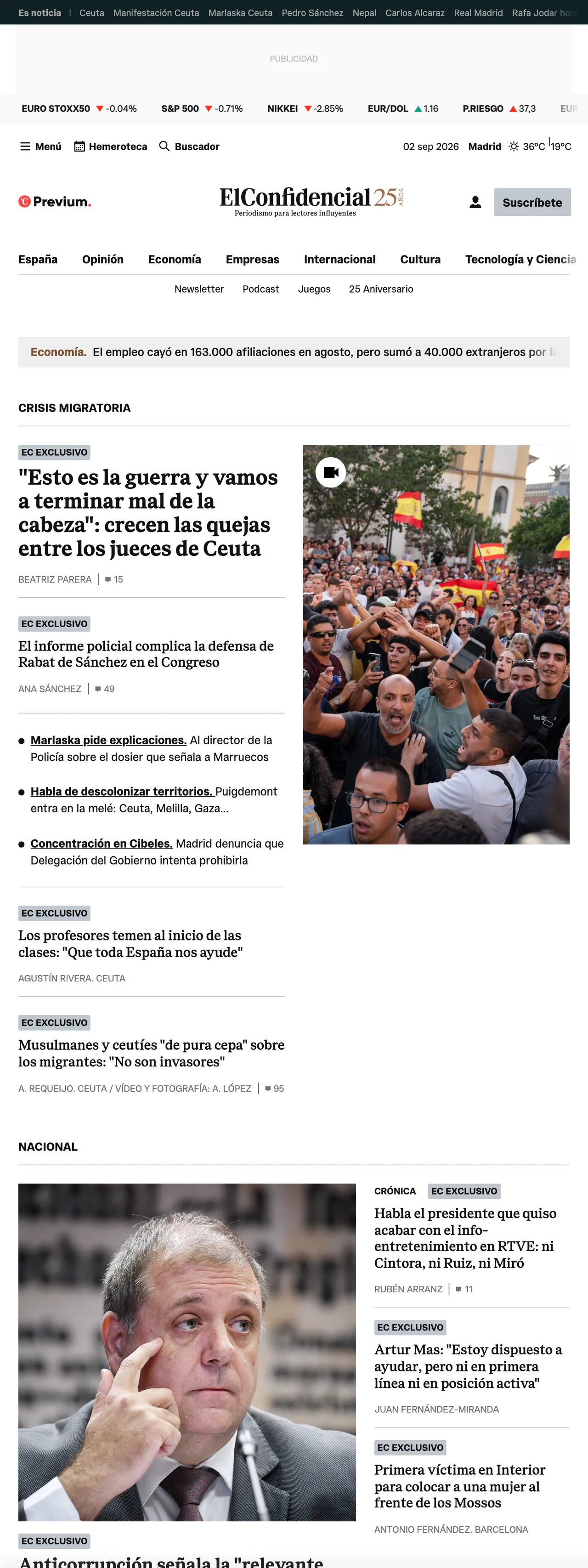 Screenshot of the El Confidencial front page