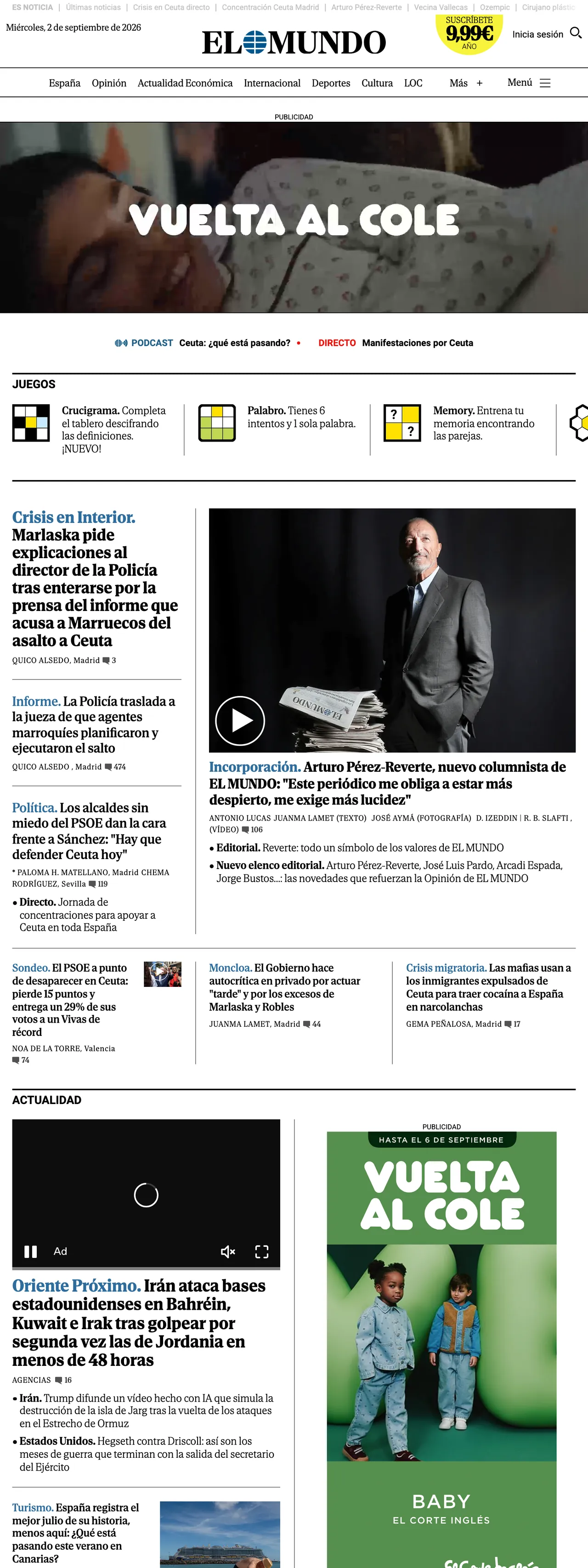 Screenshot of the El Mundo front page