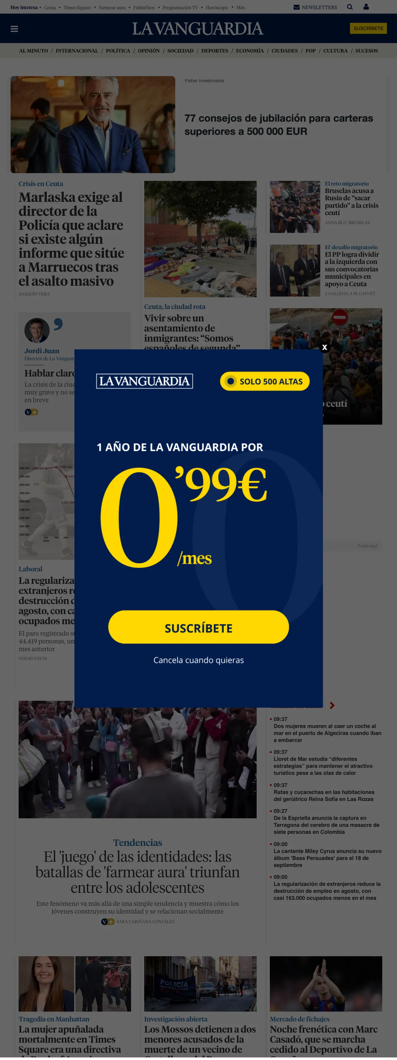 Screenshot of the La Vanguardia front page