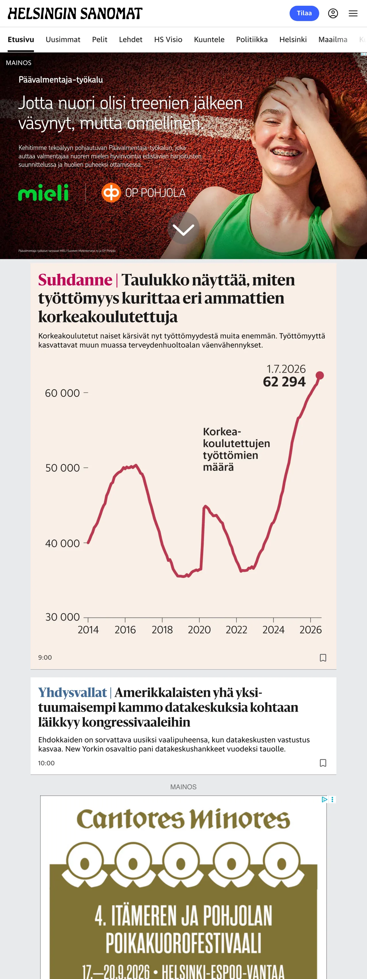 Screenshot of the Helsingin Sanomat front page