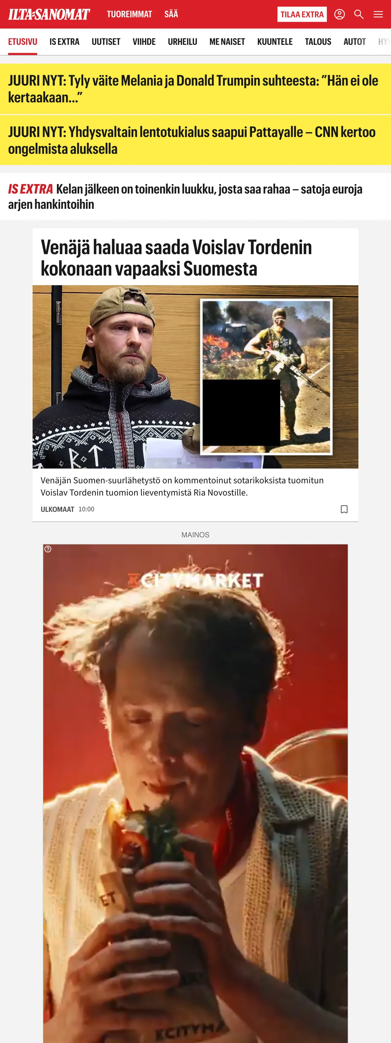 Screenshot of the Ilta-Sanomat front page