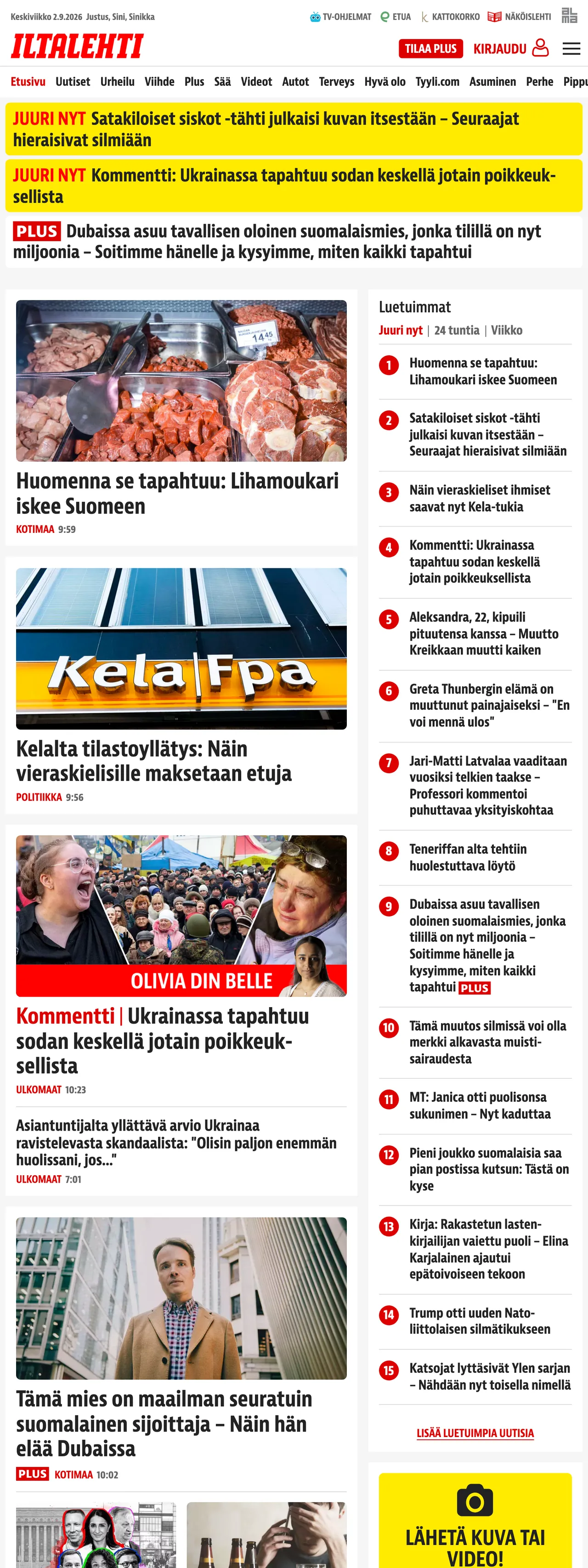 Screenshot of the Iltalehti front page