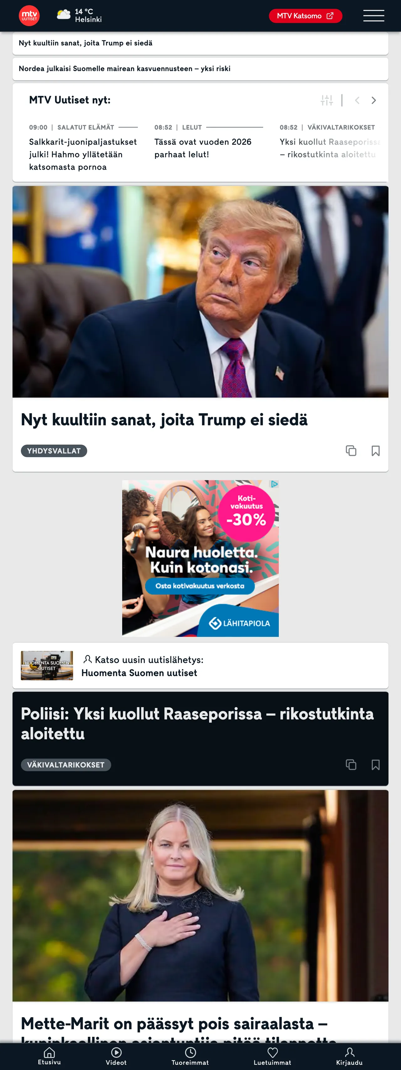Screenshot of the MTV Uutiset front page