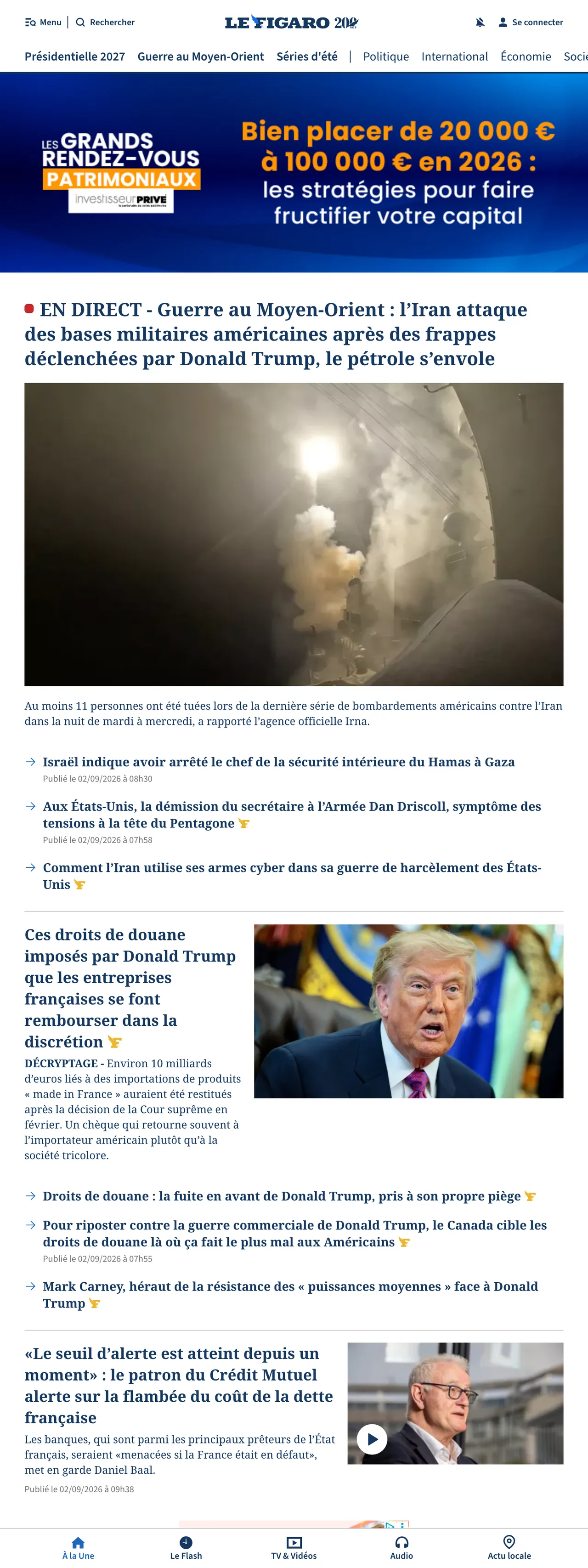 Screenshot of the Le Figaro front page
